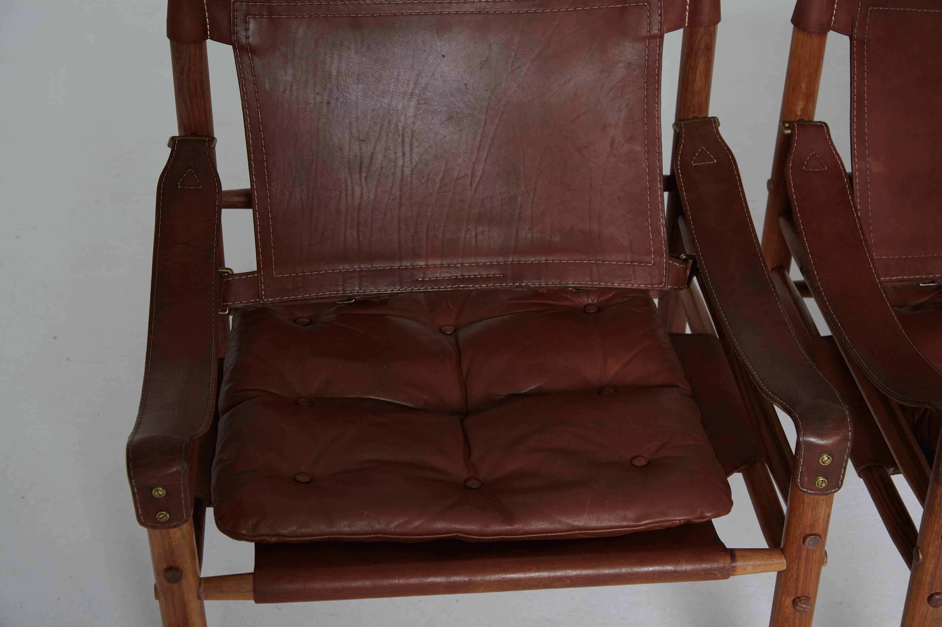 Arne Norell Rosewood and Brown Leather Safari Sirocco Chairs, Sweden, 1960s In Good Condition In London, GB