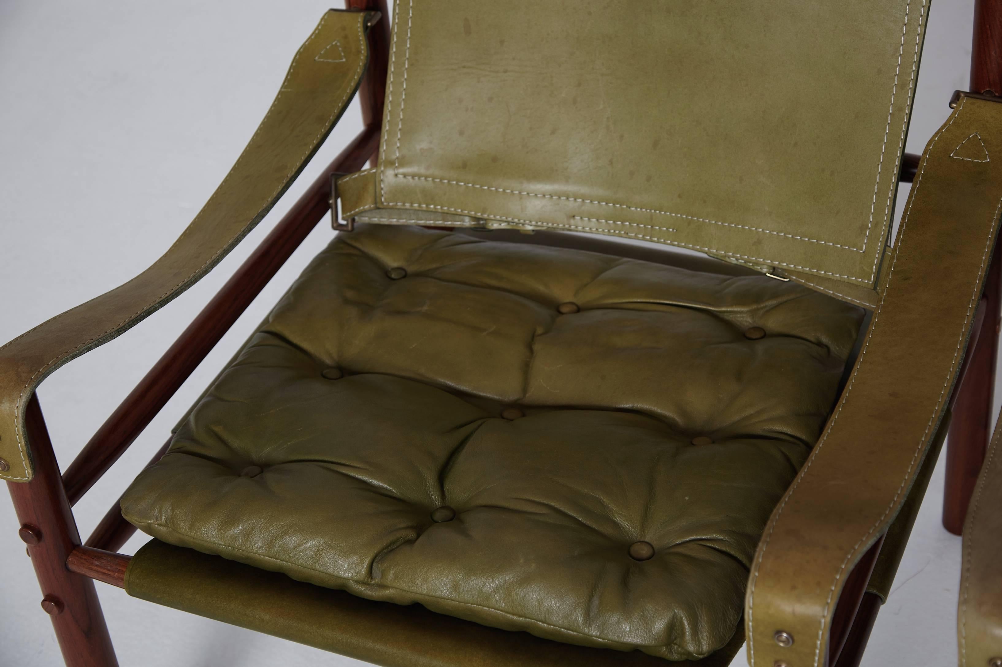 Pair of Green Leather Arne Norell 'Sirocco' Safari Chairs, Sweden, 1960s-1970s 3