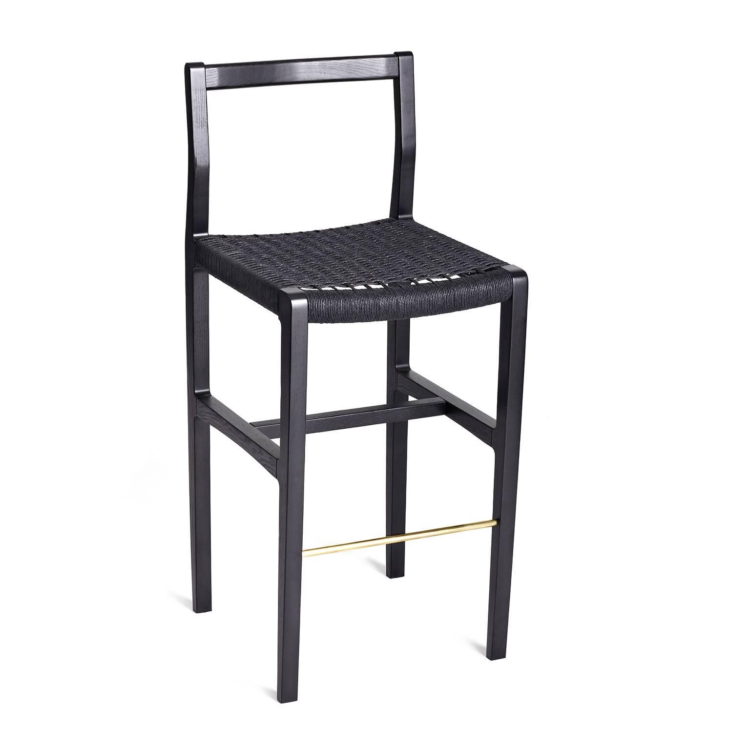 American Giacomo Bar Chair/Bar Stool Ebonized Ash, Black Danish Cord, Brass Footrest For Sale