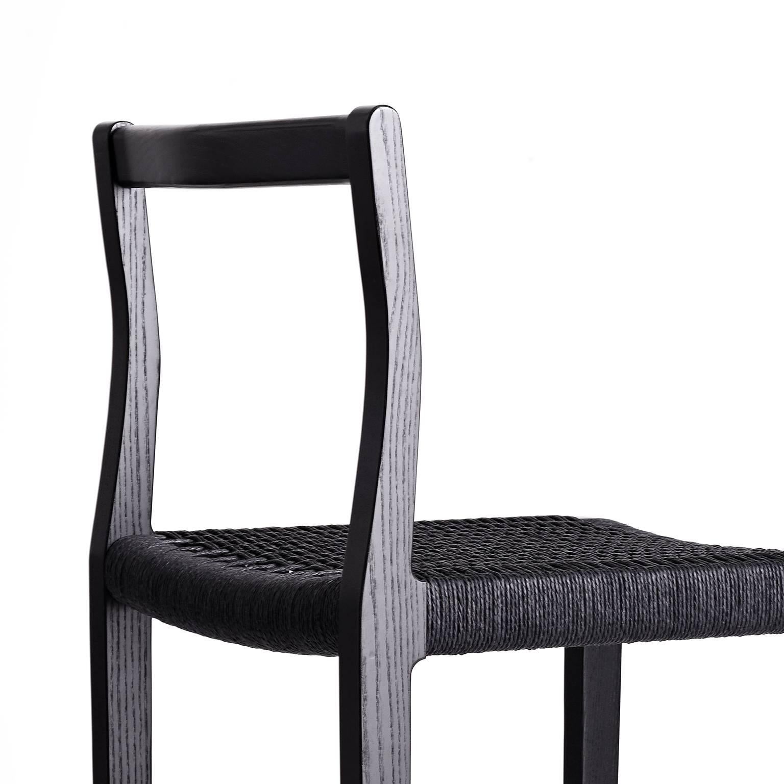 Contemporary Giacomo Counter Chair: Ebonized Ash, Black Danish Seat, Brass Footrest For Sale