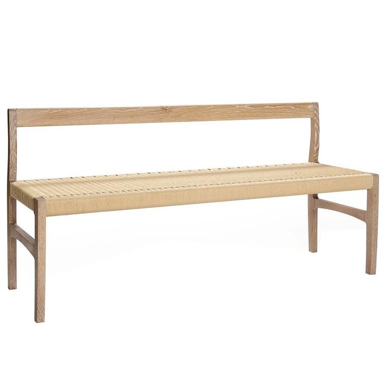 Giacomo Bench with Back, Solid White Oak with Handwoven Danish Cord Seat.  59" For Sale