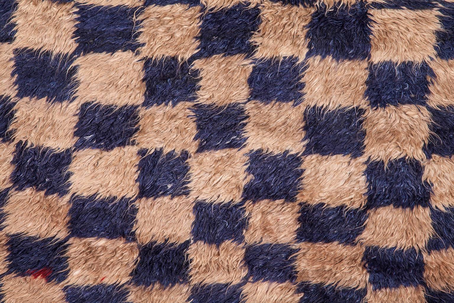Mid-Century Modern Vintage Turkish Tulu Rug Navy and Brown Checker For Sale