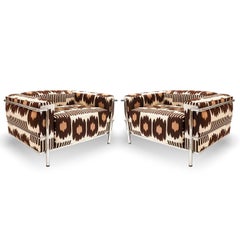 Pair of Vintage Signed Le Corbusier Armchair in Brown Collins Ikat Fabric