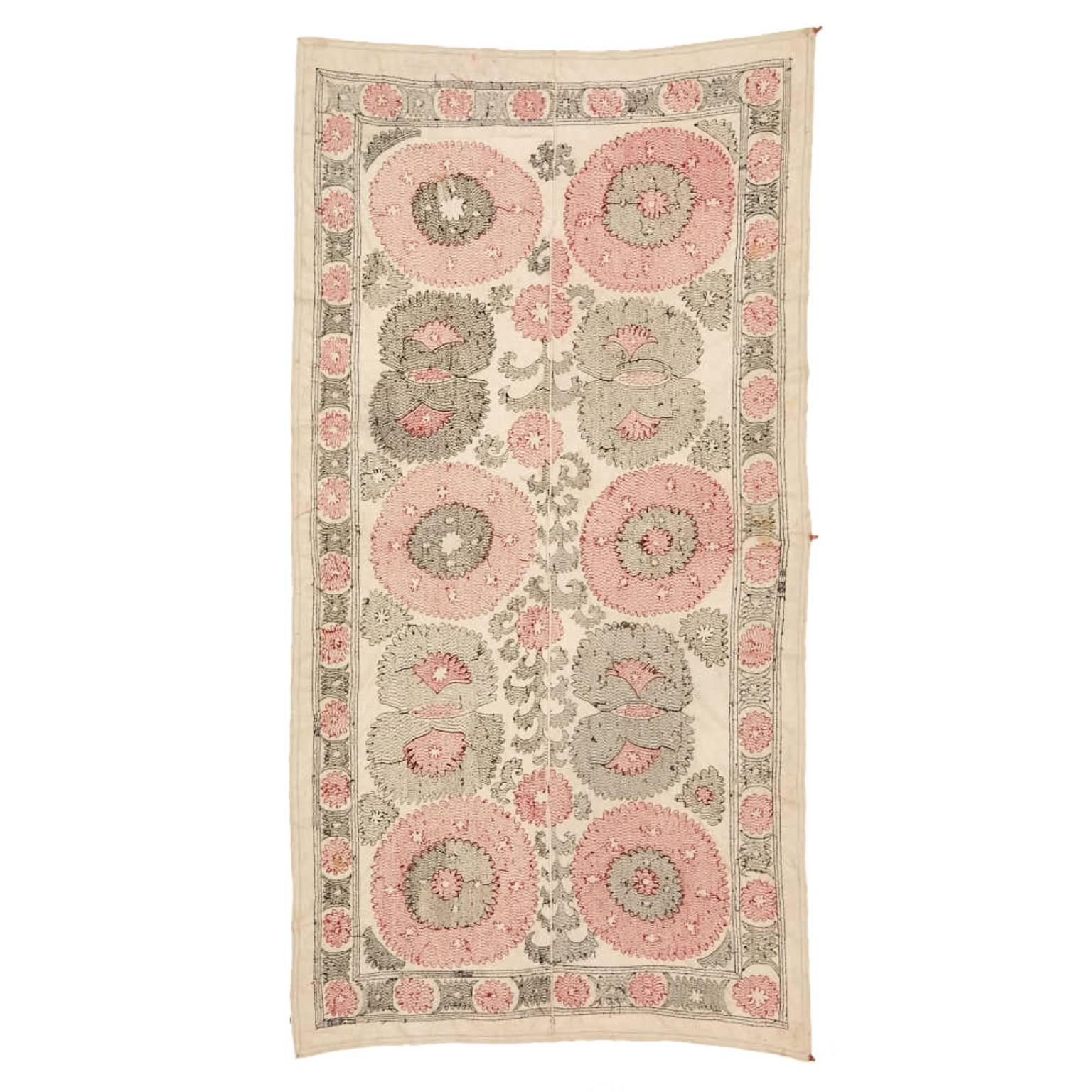 Vintage Pink and Black Kyrgyz Suzani Textile 1