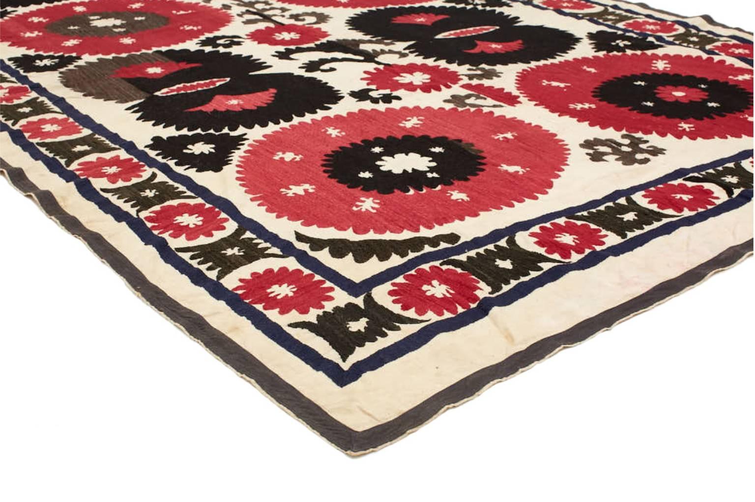 Central Asian Vintage Pink and Black Kyrgyz Suzani Textile