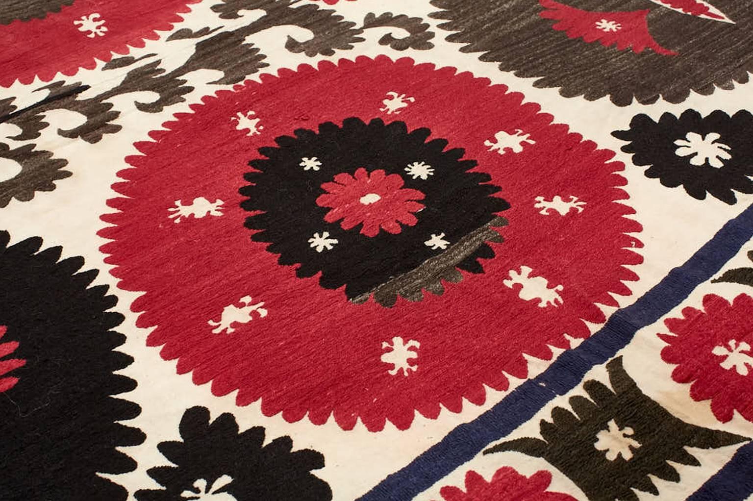 Cotton Vintage Pink and Black Kyrgyz Suzani Textile
