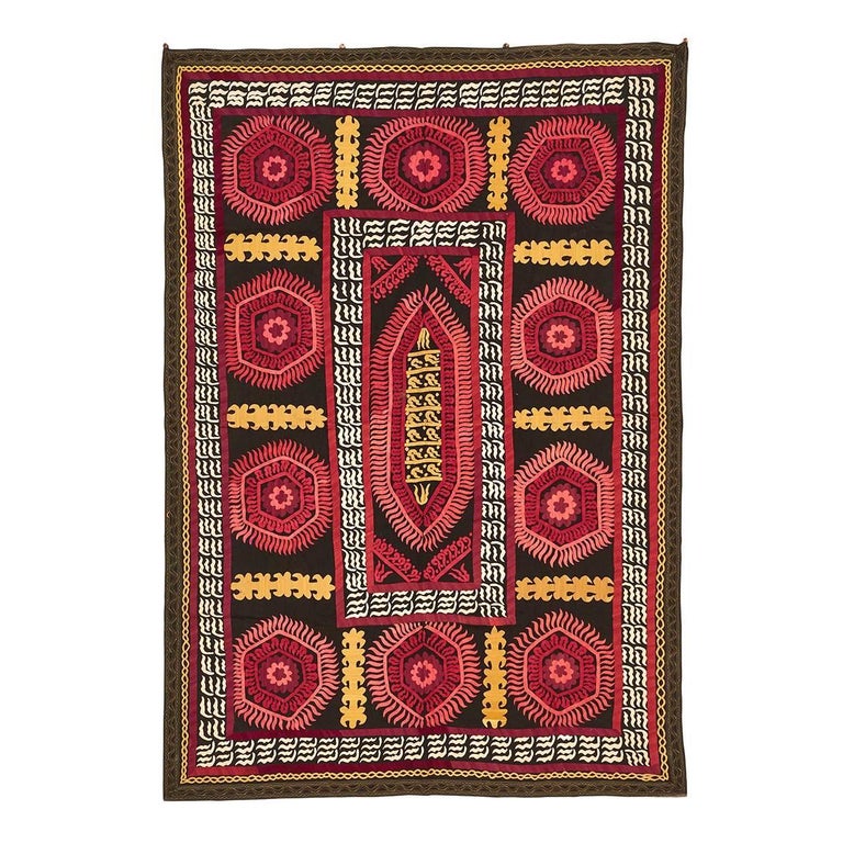 Vintage Black, Pink and Yellow Suzani Textile For Sale at 1stDibs
