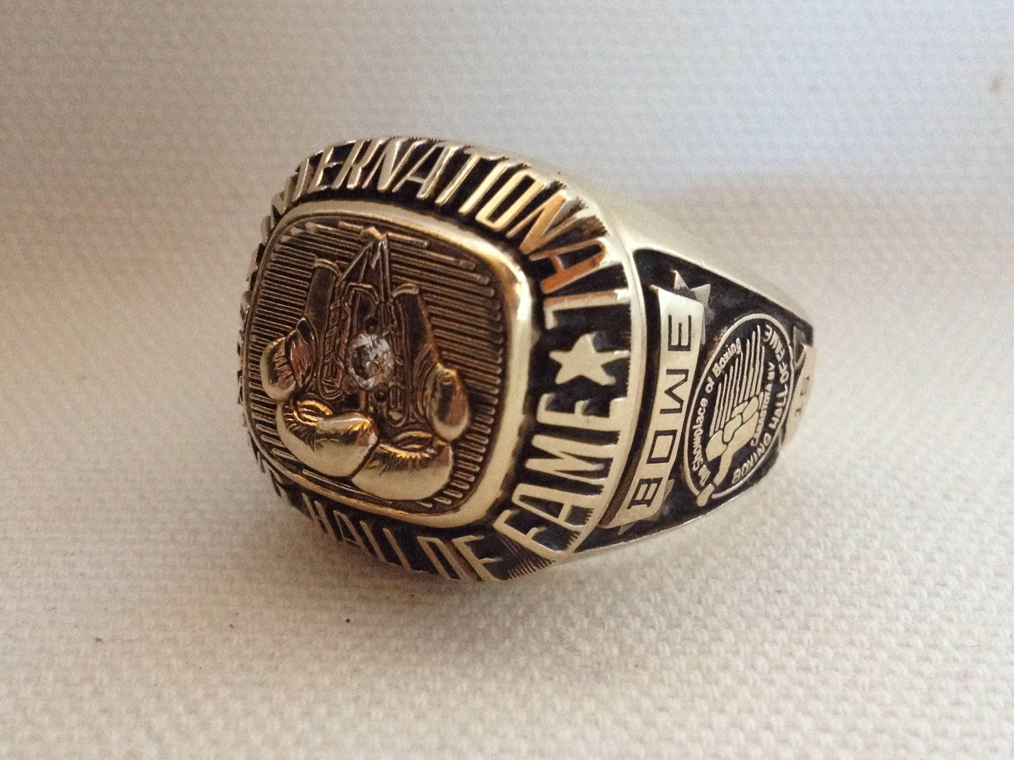 Original International Boxing hall of fame ring presented to Riddick Bowe. Manufactured by balfour made of 10-karart gold with real, genuine high grade diamond. This ring is the original issued ring presented to Riddick Bowe for his induction into