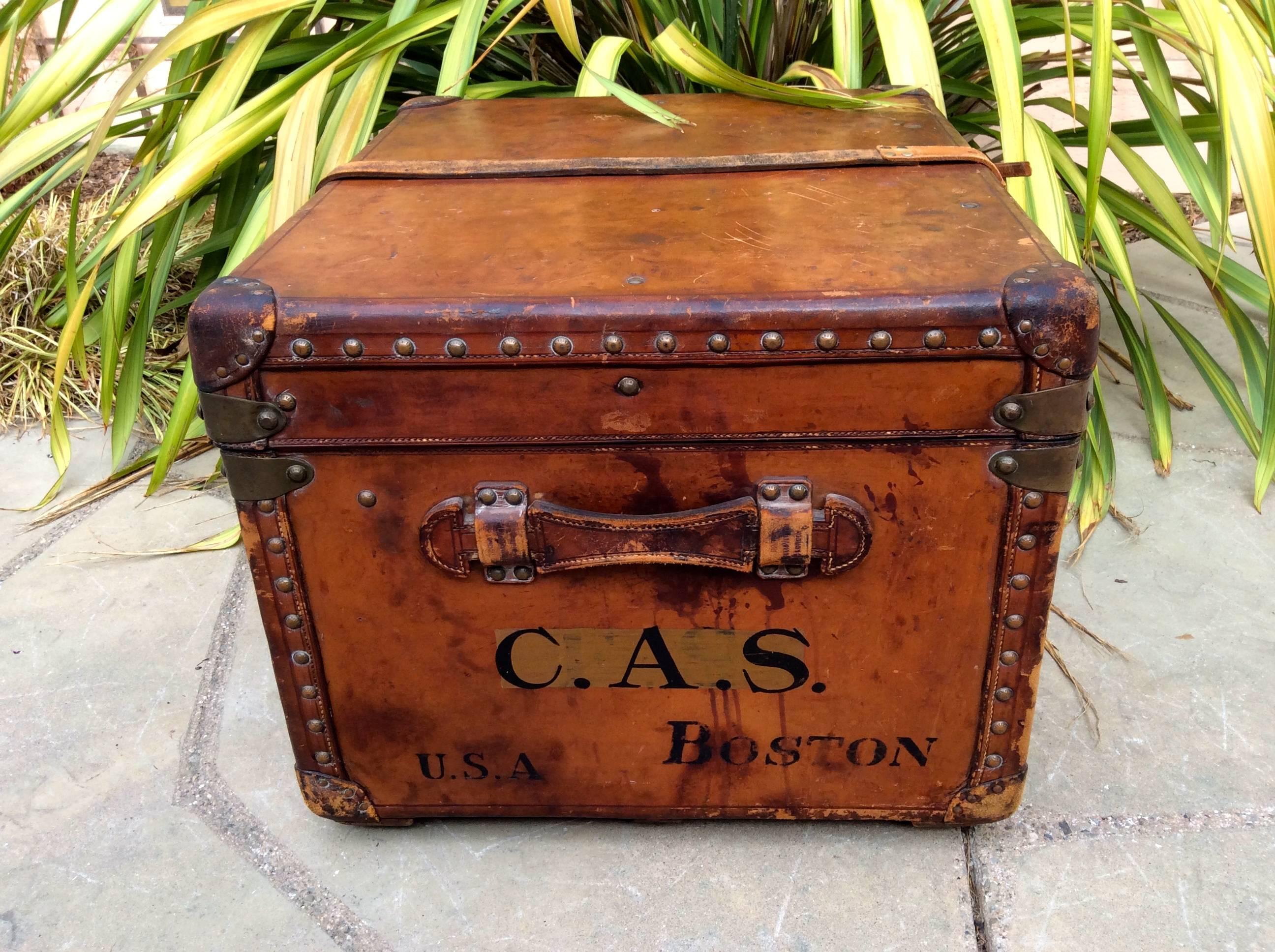 Brass Louis Vuitton Antique Leather Steamer Trunk  Goyard era Purse bag suitcase art  For Sale