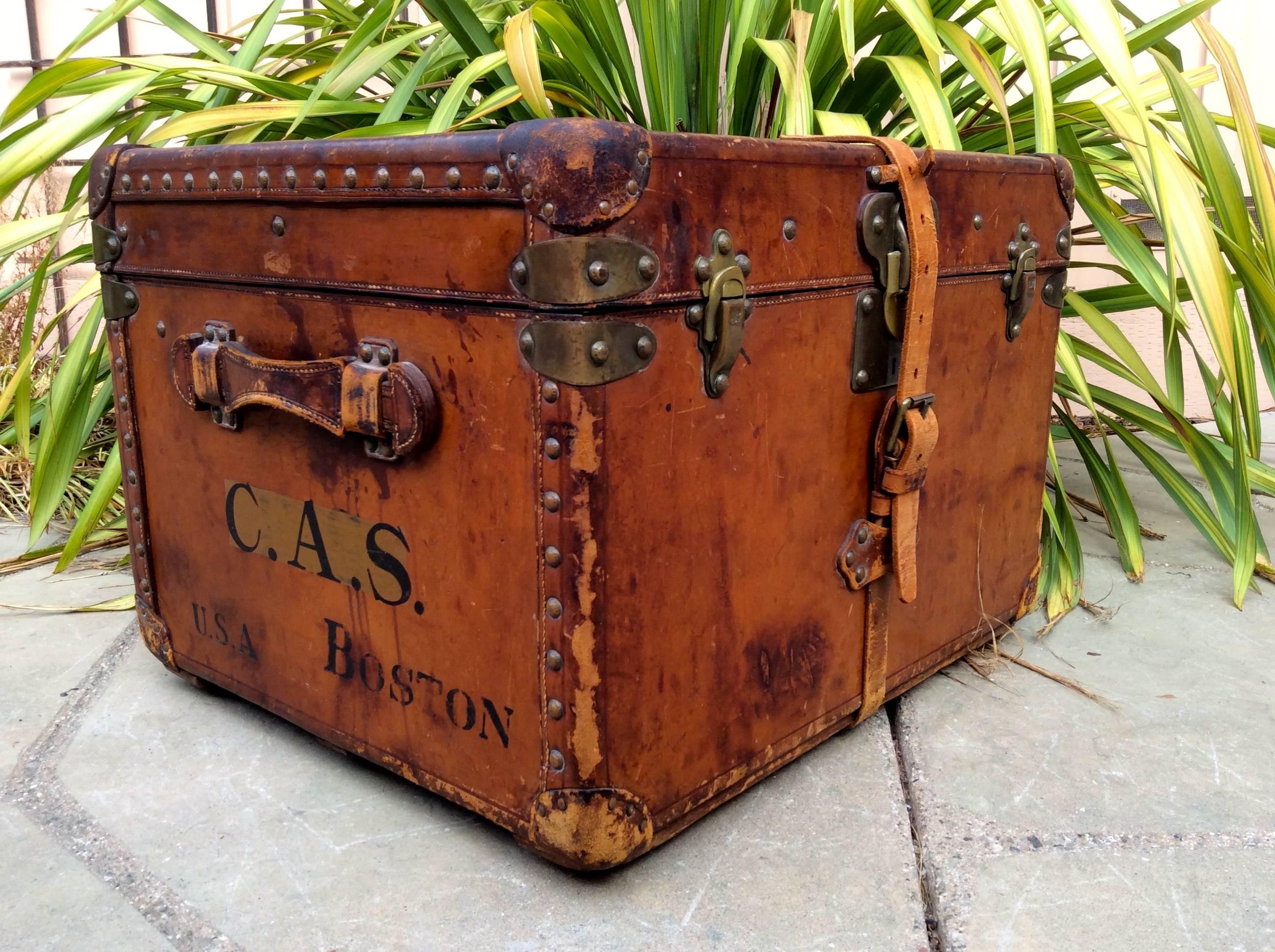 Louis Vuitton Antique Leather Steamer Trunk  Goyard era Purse bag suitcase art  For Sale 1