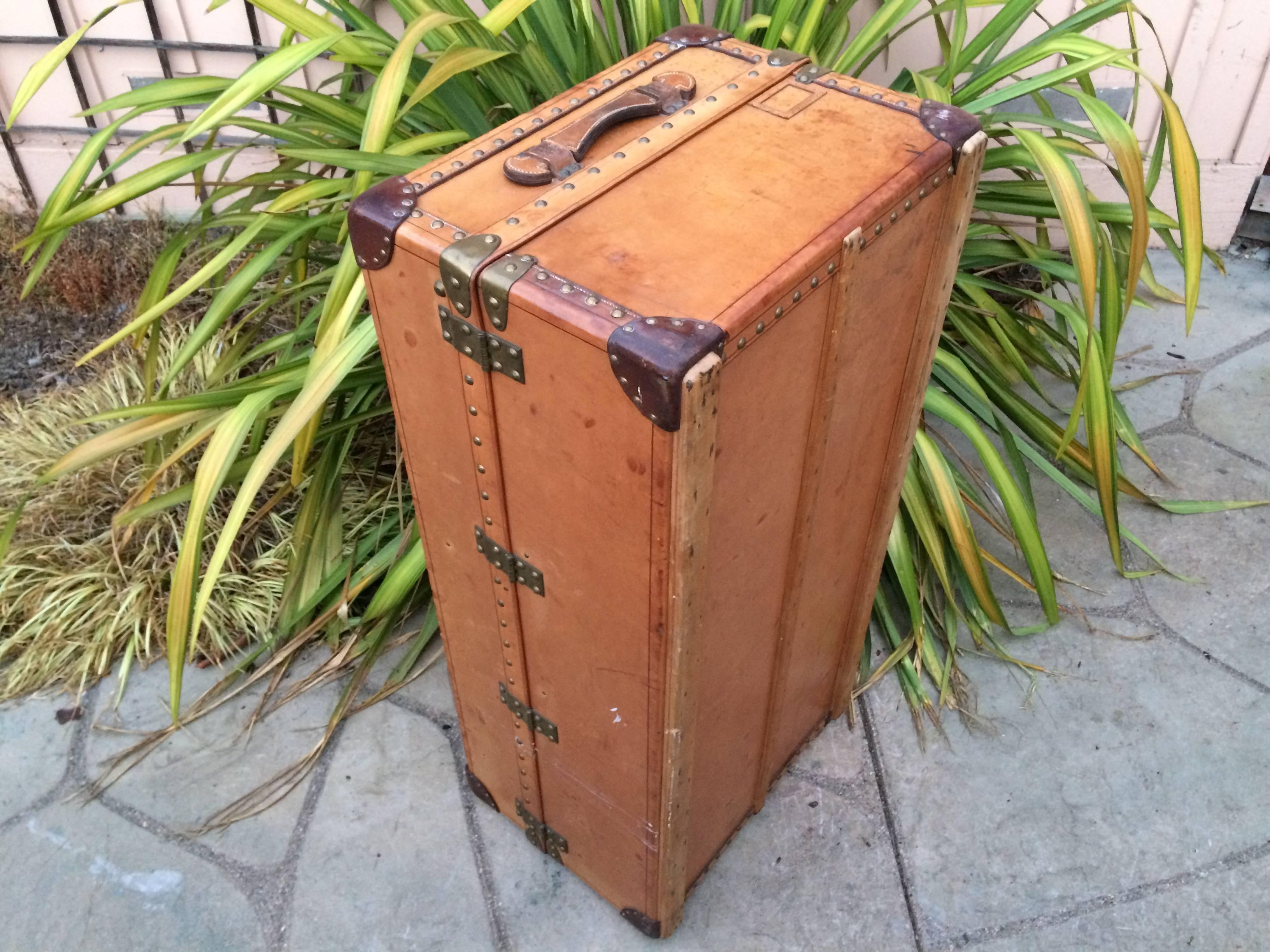 Antique Louis Vuitton Leather Steamer Wardrobe Trunk Goyard era Purse suitcase  In Excellent Condition For Sale In Carmel-by-the-sea, CA