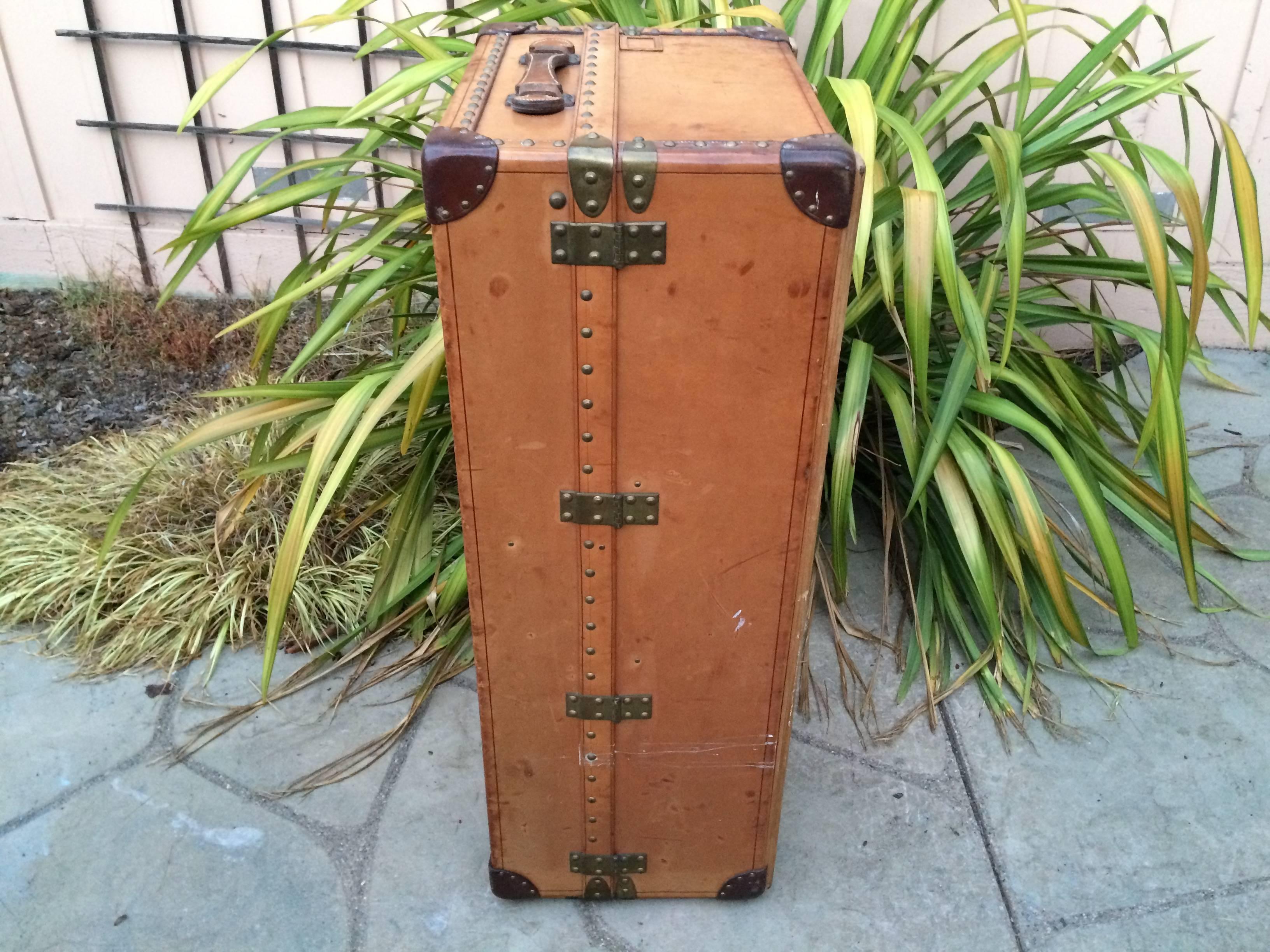 20th Century Antique Louis Vuitton Leather Steamer Wardrobe Trunk Goyard era Purse suitcase  For Sale