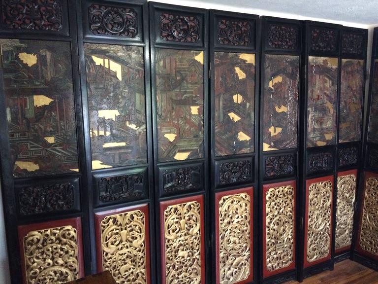 Amazing antique Chinese Coromandel screen room divider ten panel carved wood, wold. Please see pictures for details, each panel is 18 1/2 x 94 1/2 inches. Panels are very old and have some damage, please see pictures, most the damage is to two or