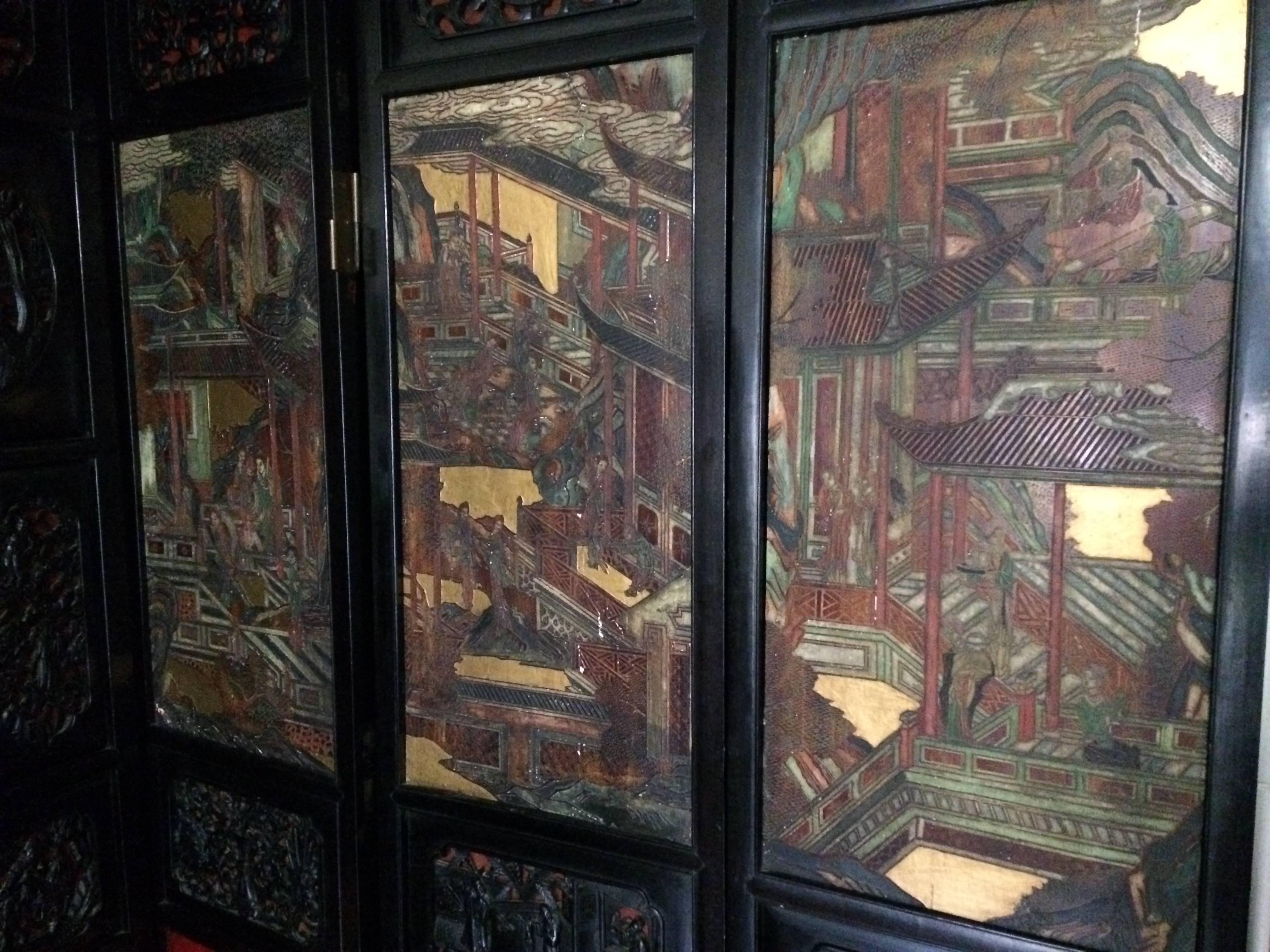Chinese Export Antique Chinese Coromandel Screen Room Divider Ten Panel Carved Gold Asia art For Sale