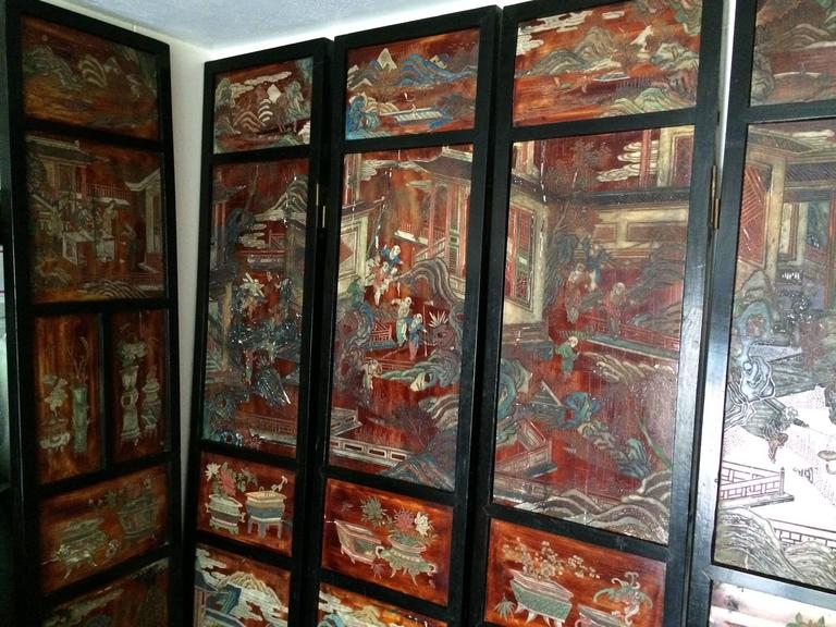 Antique Chinese Coromandel Screen Room Divider Ten Panel Carved Gold Asia art  For Sale 2