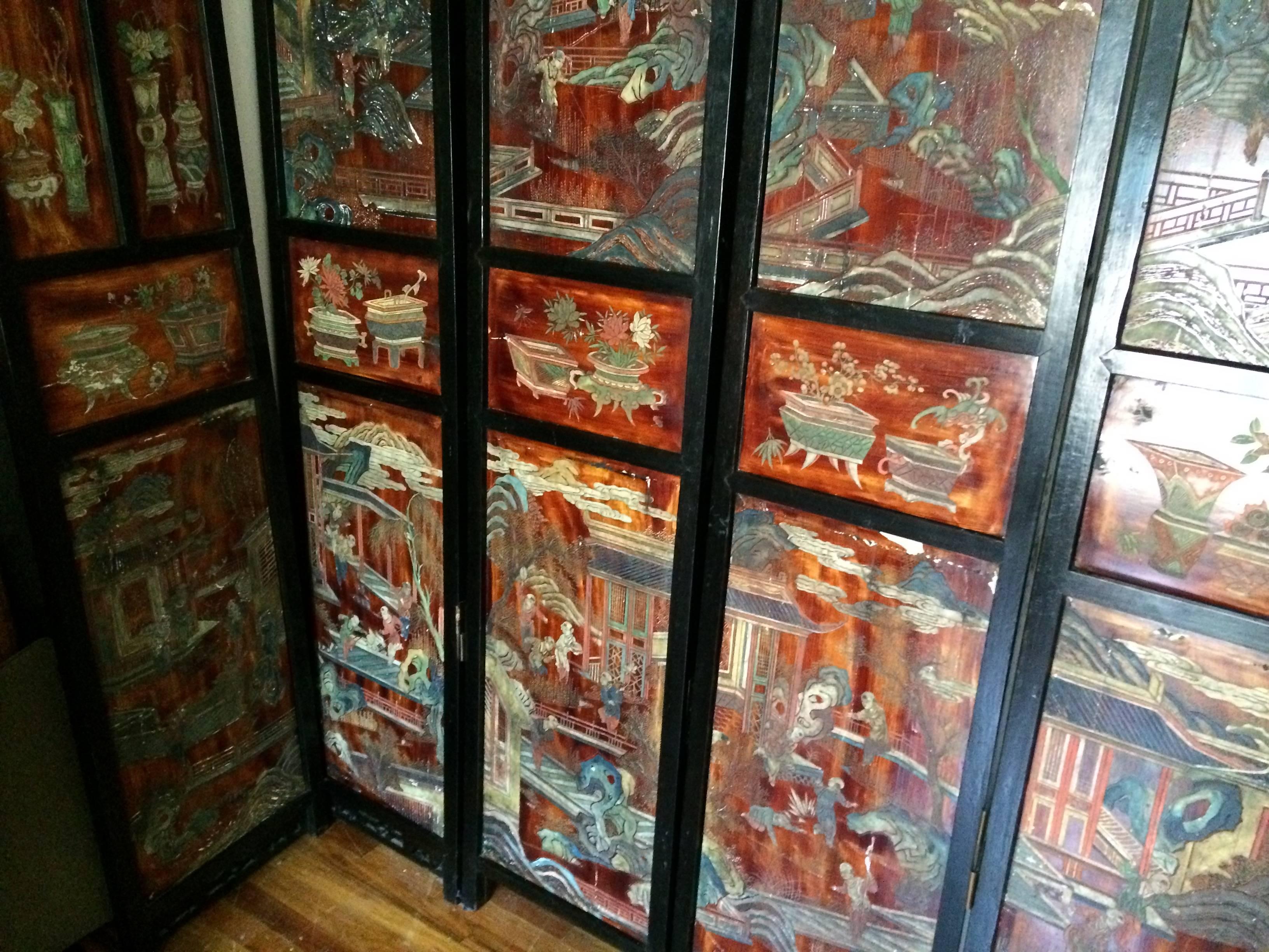 Antique Chinese Coromandel Screen Room Divider Ten Panel Carved Gold Asia art For Sale 3