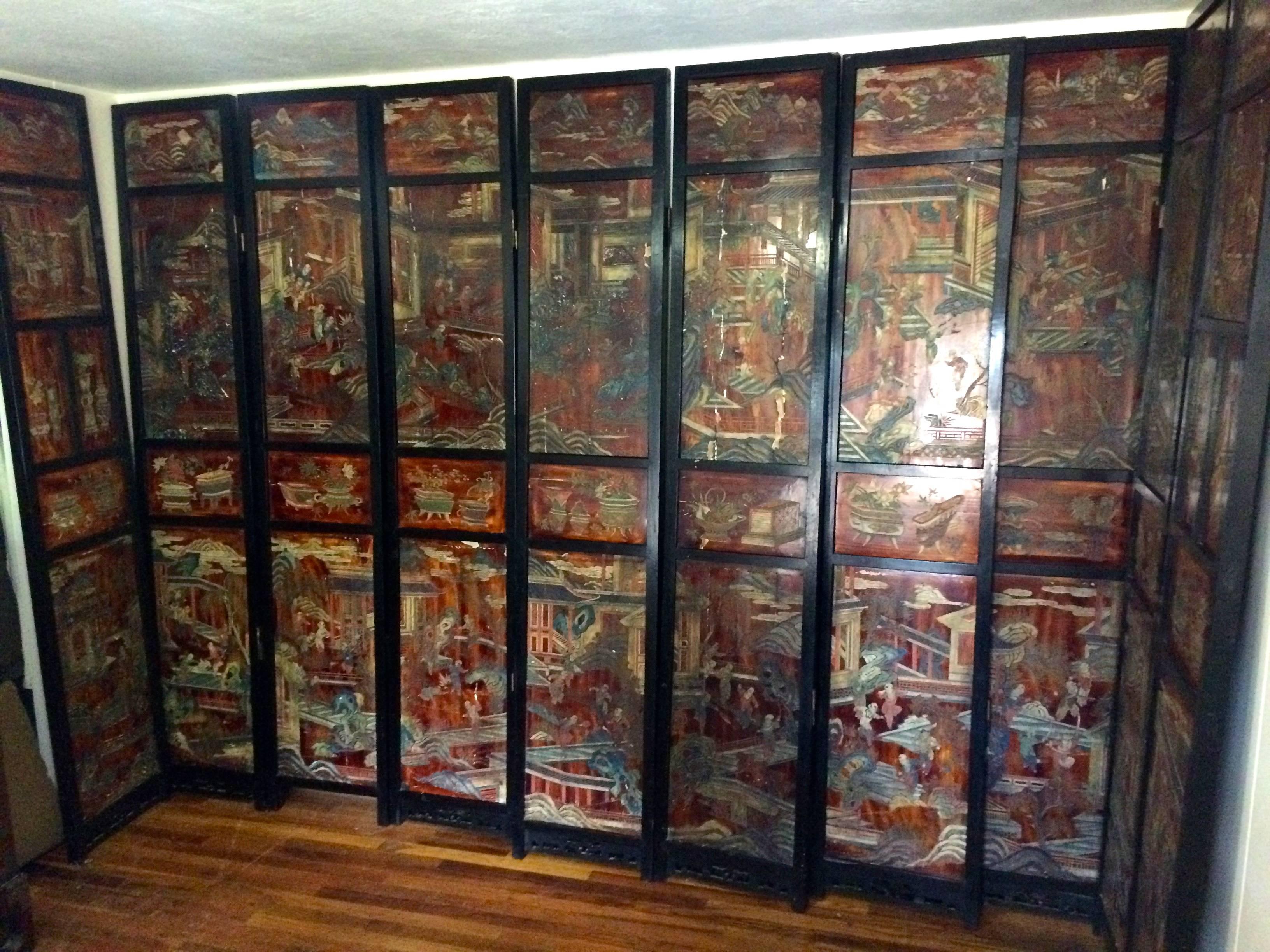 Antique Chinese Coromandel Screen Room Divider Ten Panel Carved Gold Asia art For Sale 1
