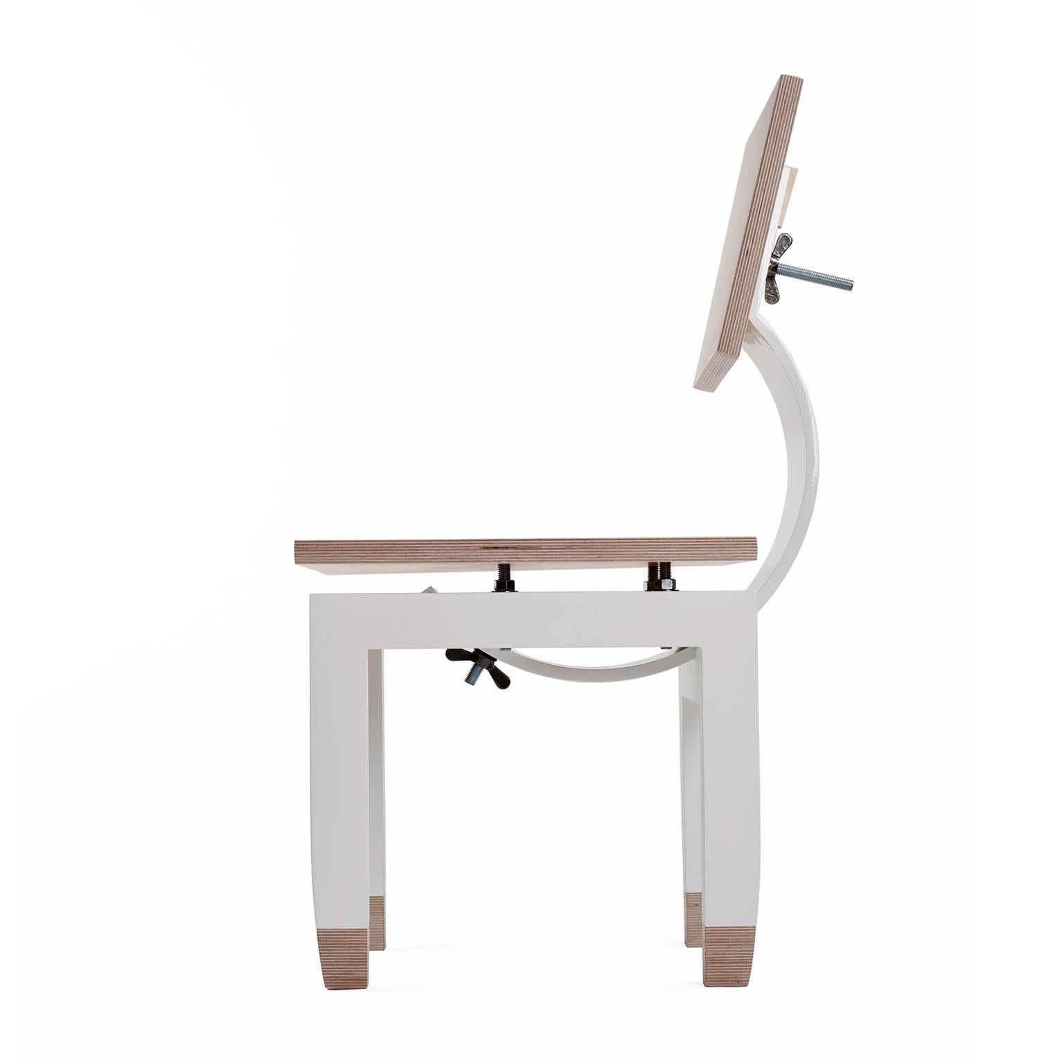 Chair[dot]multi-ply 2014.

In essence, a chair is a bench with a backrest.
Deceptively simple. 
Seated on a bench, your weight sends its' full force downwards. The successful bench needs to be only strong enough to support you. 
Add the