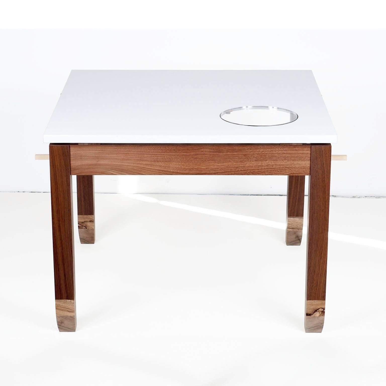 Teatable[dot]multi-ply 2016.

Continuing exploration of the "[dot]multi-ply" concept yields this charmingly beautiful and ultra useful mid-sized tea table.
Again, the top is simple and durable white colored multi-ply, squared off, an