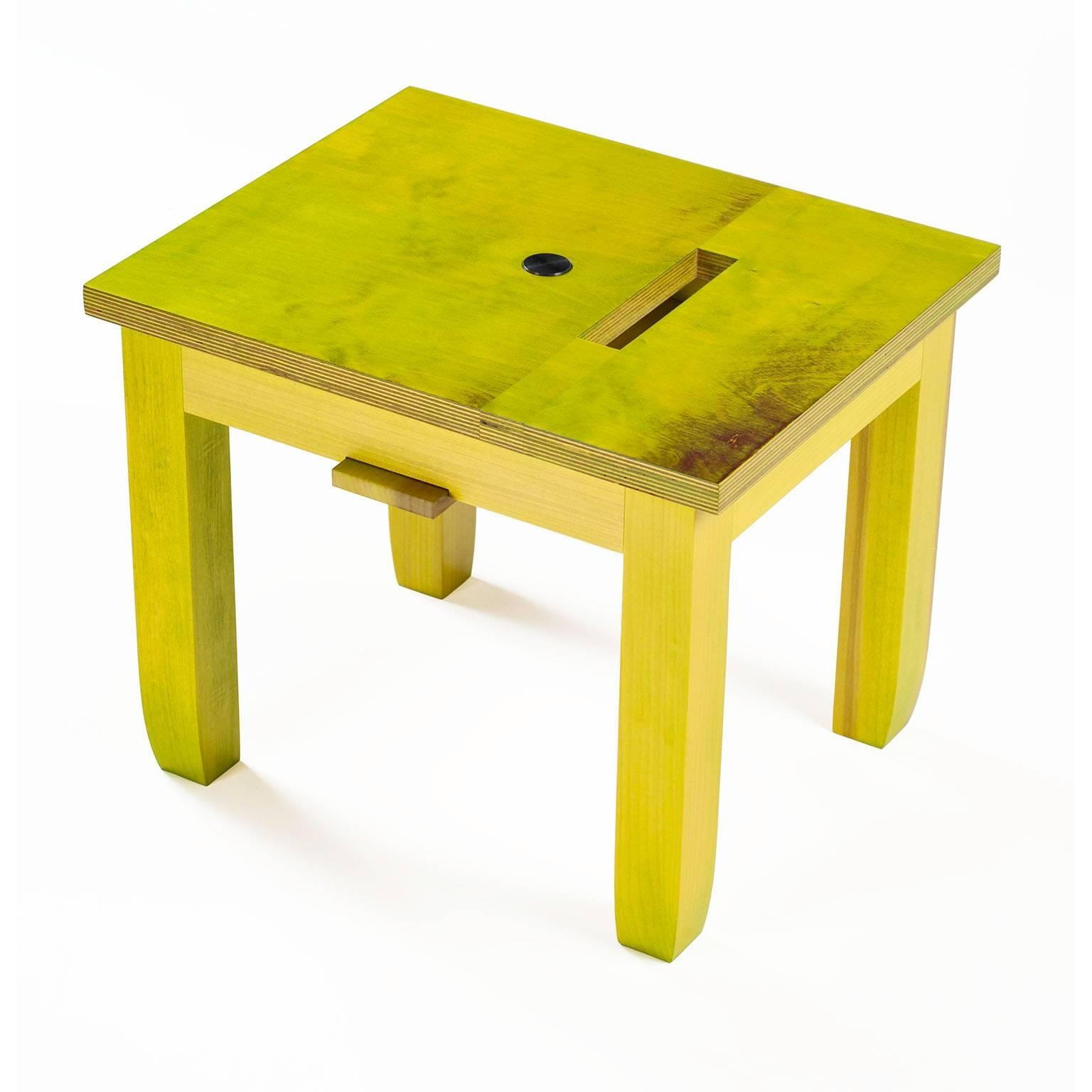 American Contemporary Hardwood Tulipwood and Multi-Ply Chartreuse Low Stool in Stock For Sale