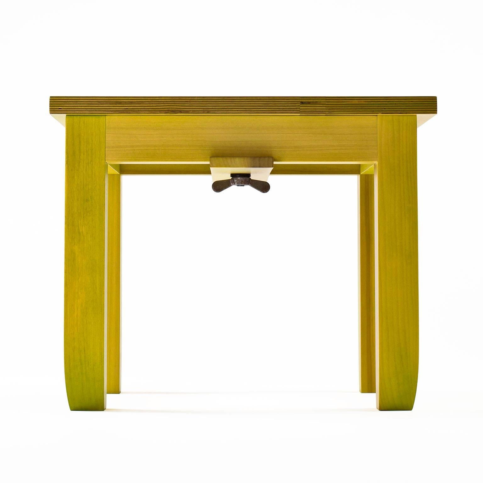 Contemporary Hardwood Tulipwood and Multi-Ply Chartreuse Low Stool in Stock For Sale