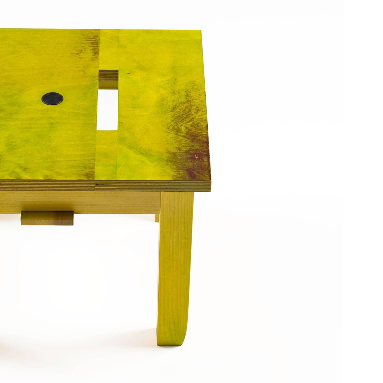 Modern Contemporary Hardwood Tulipwood and Multi-Ply Chartreuse Low Stool in Stock For Sale