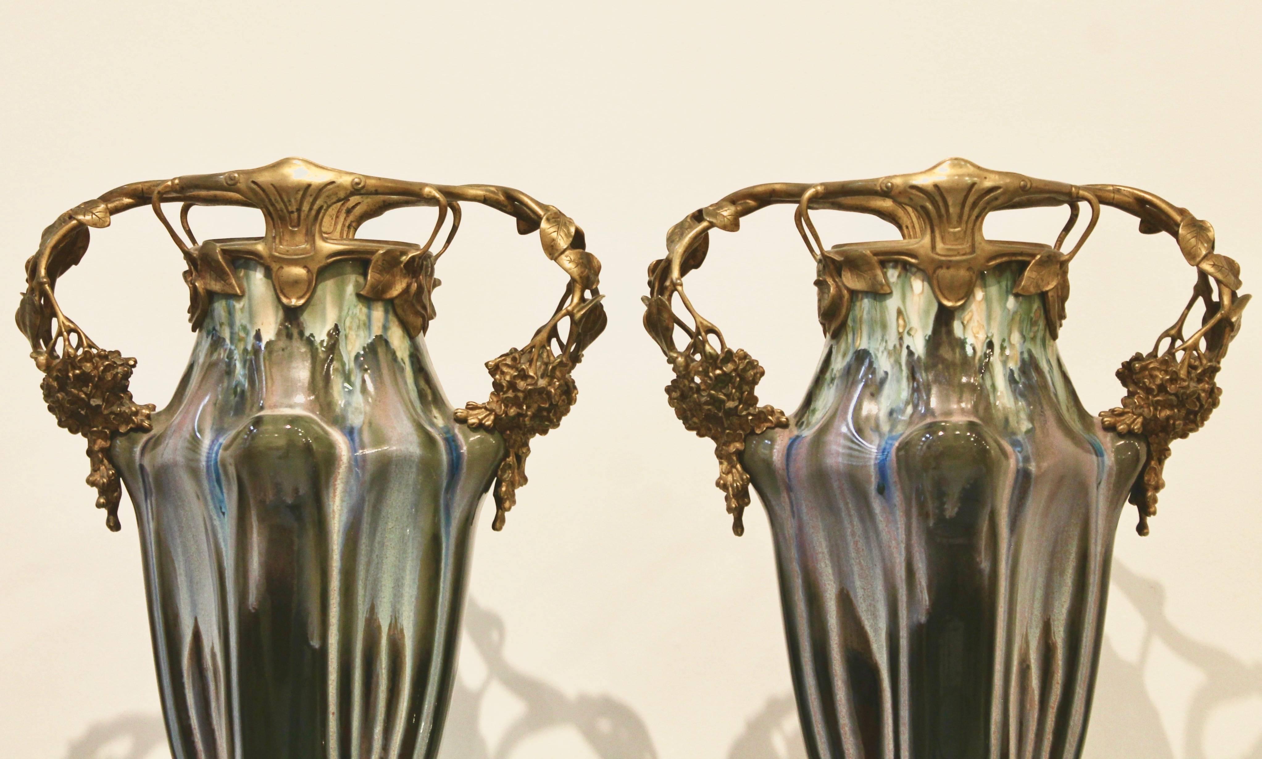 French Pair of Paul Louchet Earthenware Art Nouveau Vases, Circa 1900