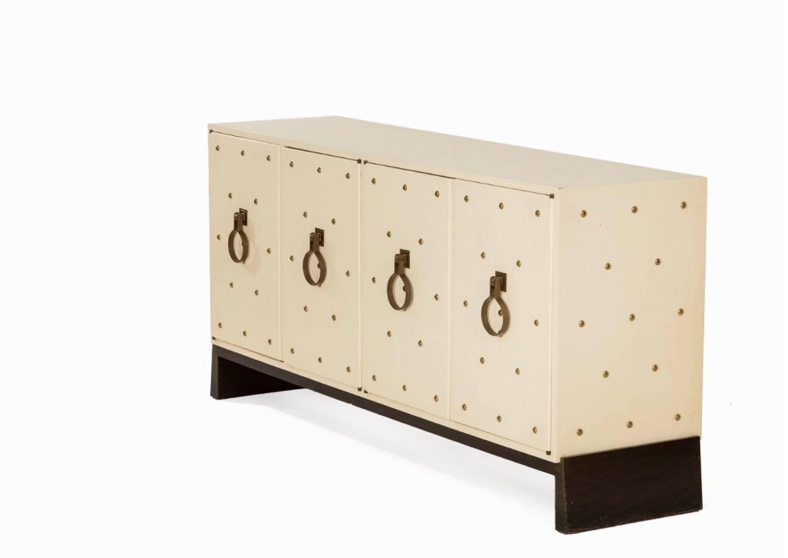 Lacquered Tommi Parzinger Studded White Sideboard, circa 1950