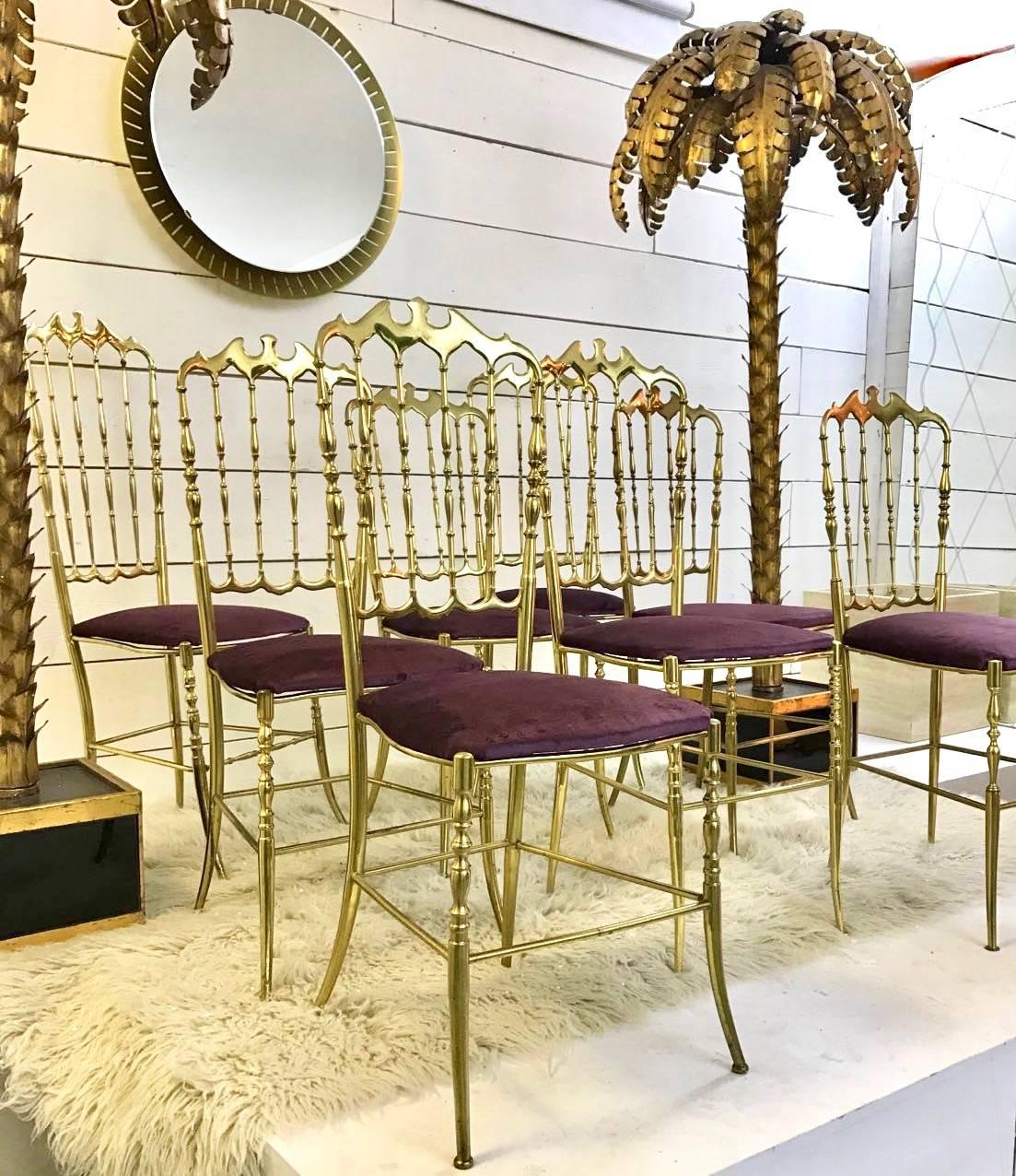 Mid-Century Modern Set of 12 Polished Gilt Brass Chiavari Ballroom Chairs
