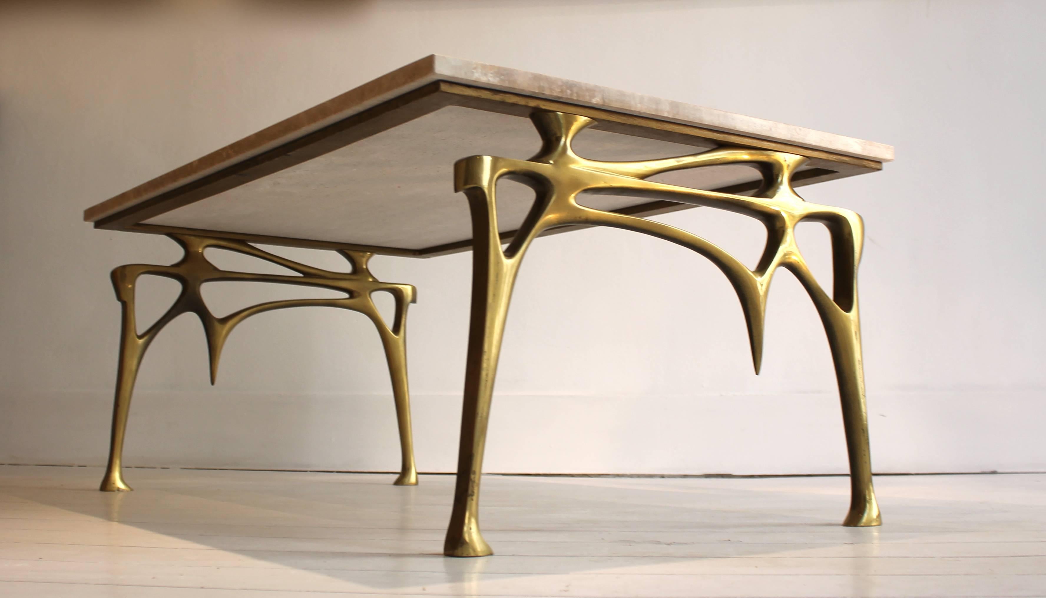 1970s Gilt Bronze and Travertine Coffee Table Signed, Belgian Artist Willy Daro In Good Condition In Brussels, BE