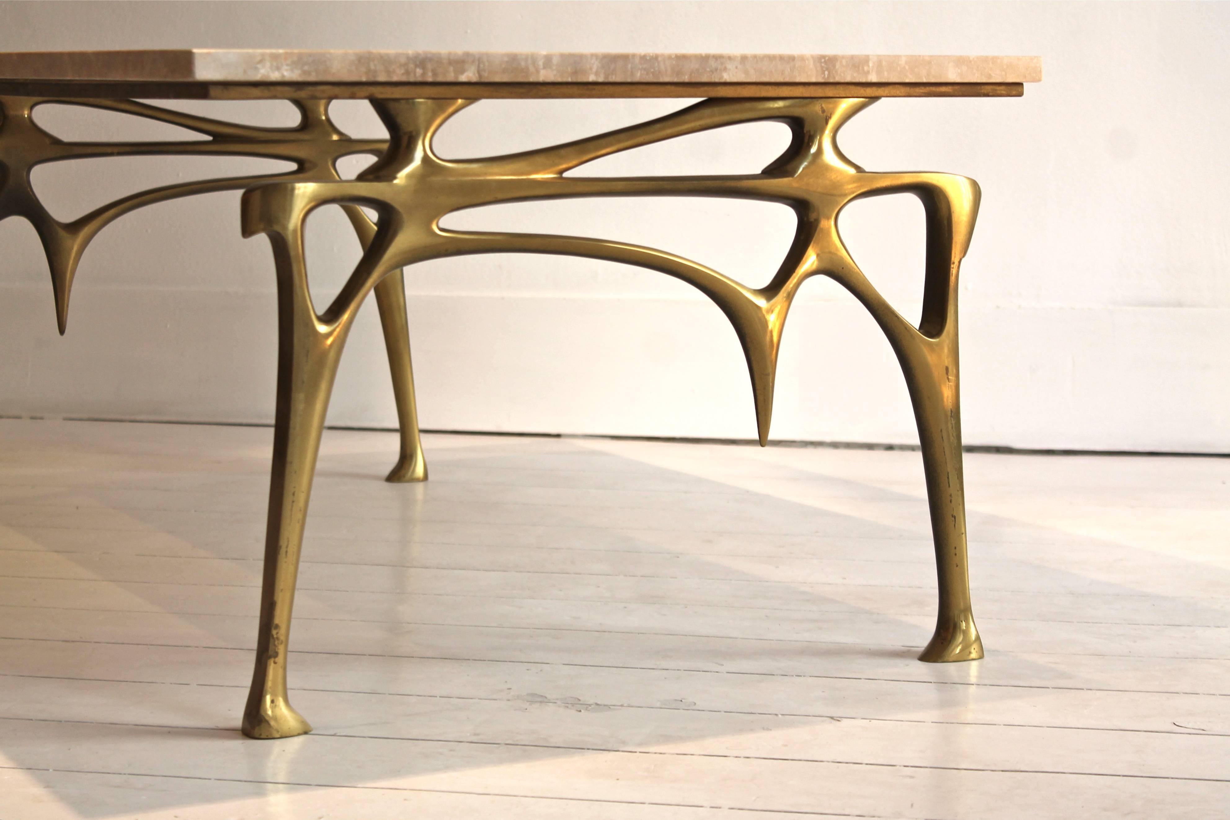 Late 20th Century 1970s Gilt Bronze and Travertine Coffee Table Signed, Belgian Artist Willy Daro