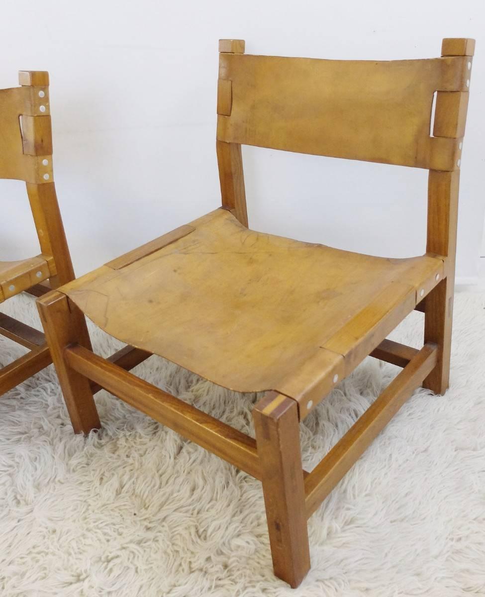 Modern Pair of Solid Elm and Cognac Leather Low Chairs by Maison Regain - Circa 1970