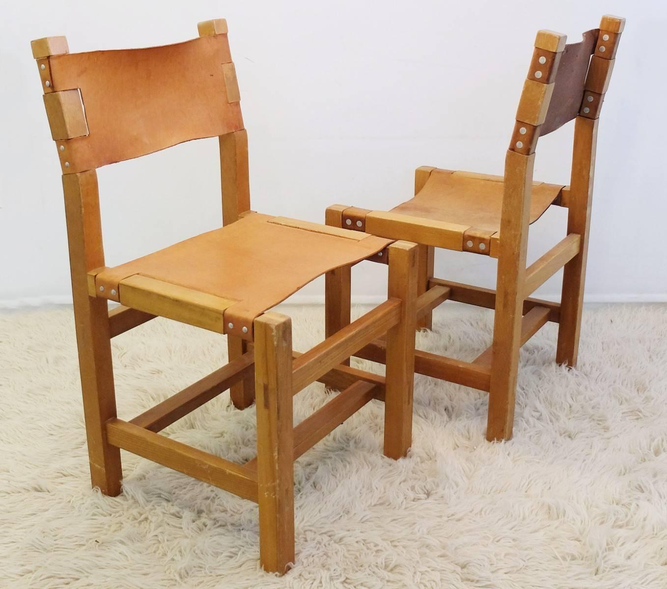 Modern Set of Ten Solid Elm and Cognac Leather Chairs by Maison Regain - Circa 1970