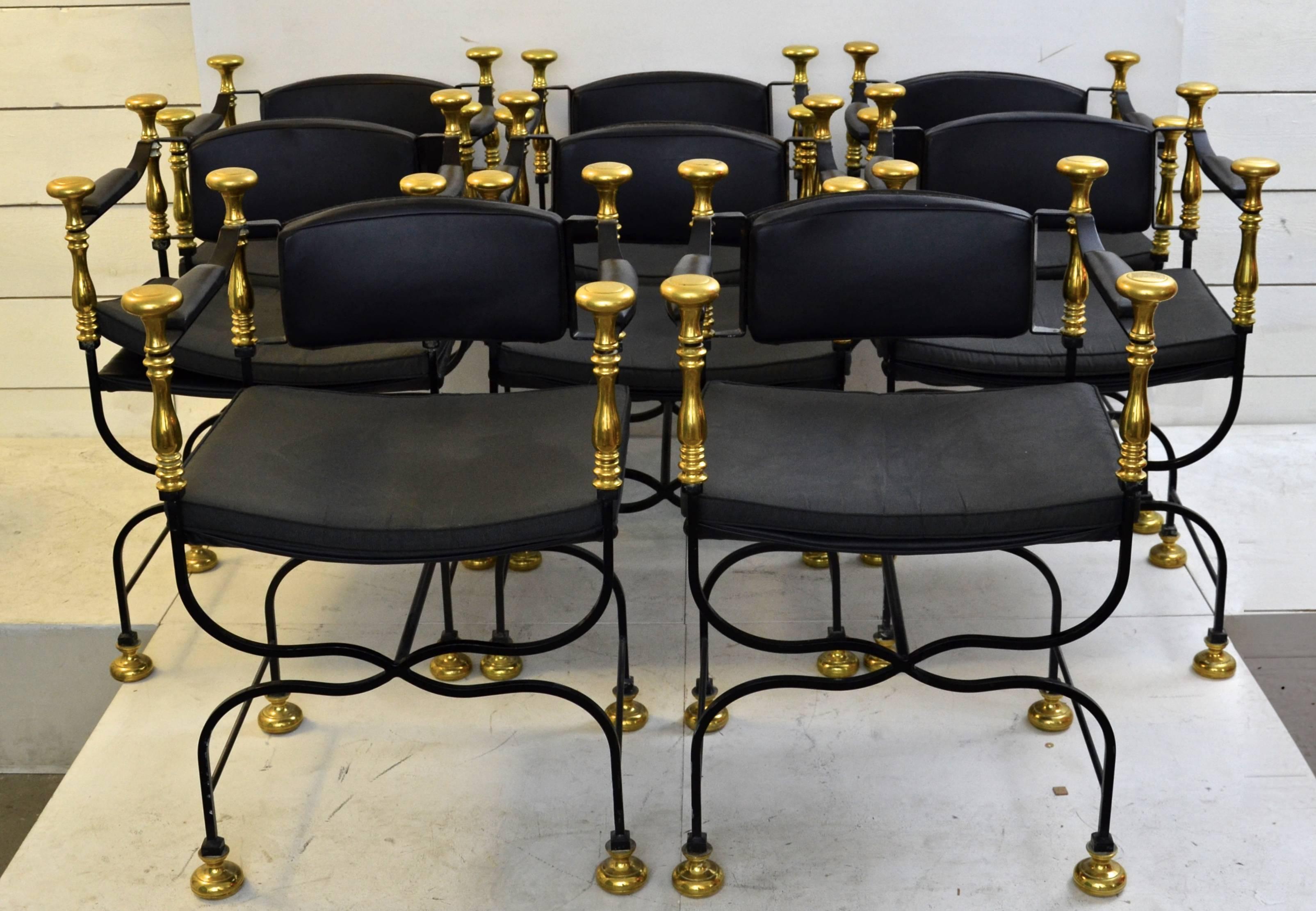 Set of Eight Wrought Iron and Gilt Brass 1970s Armchairs In Good Condition In Brussels, BE