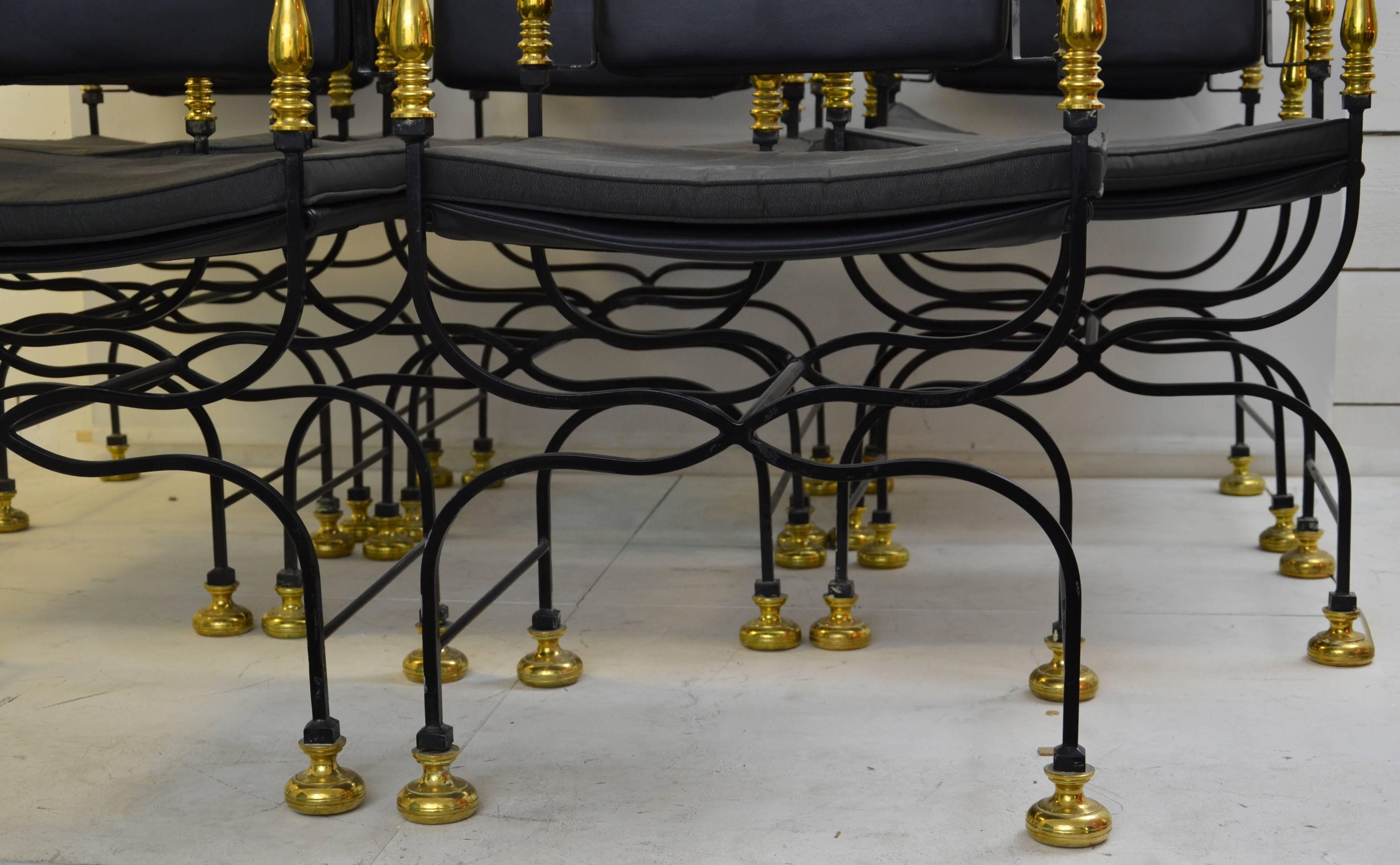 Late 20th Century Set of Eight Wrought Iron and Gilt Brass 1970s Armchairs