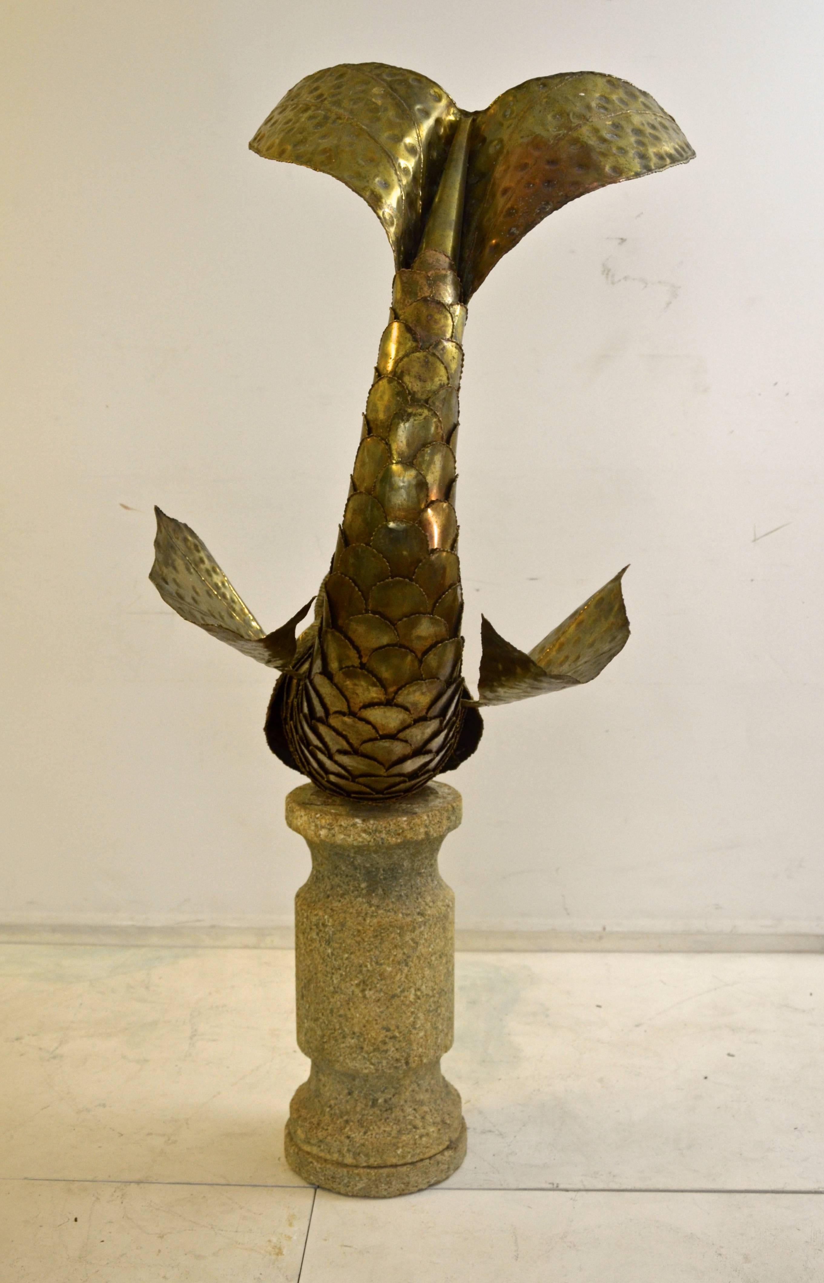 Italian Decorative 1970s Fish Fountain in Brass on Stone Pedestal