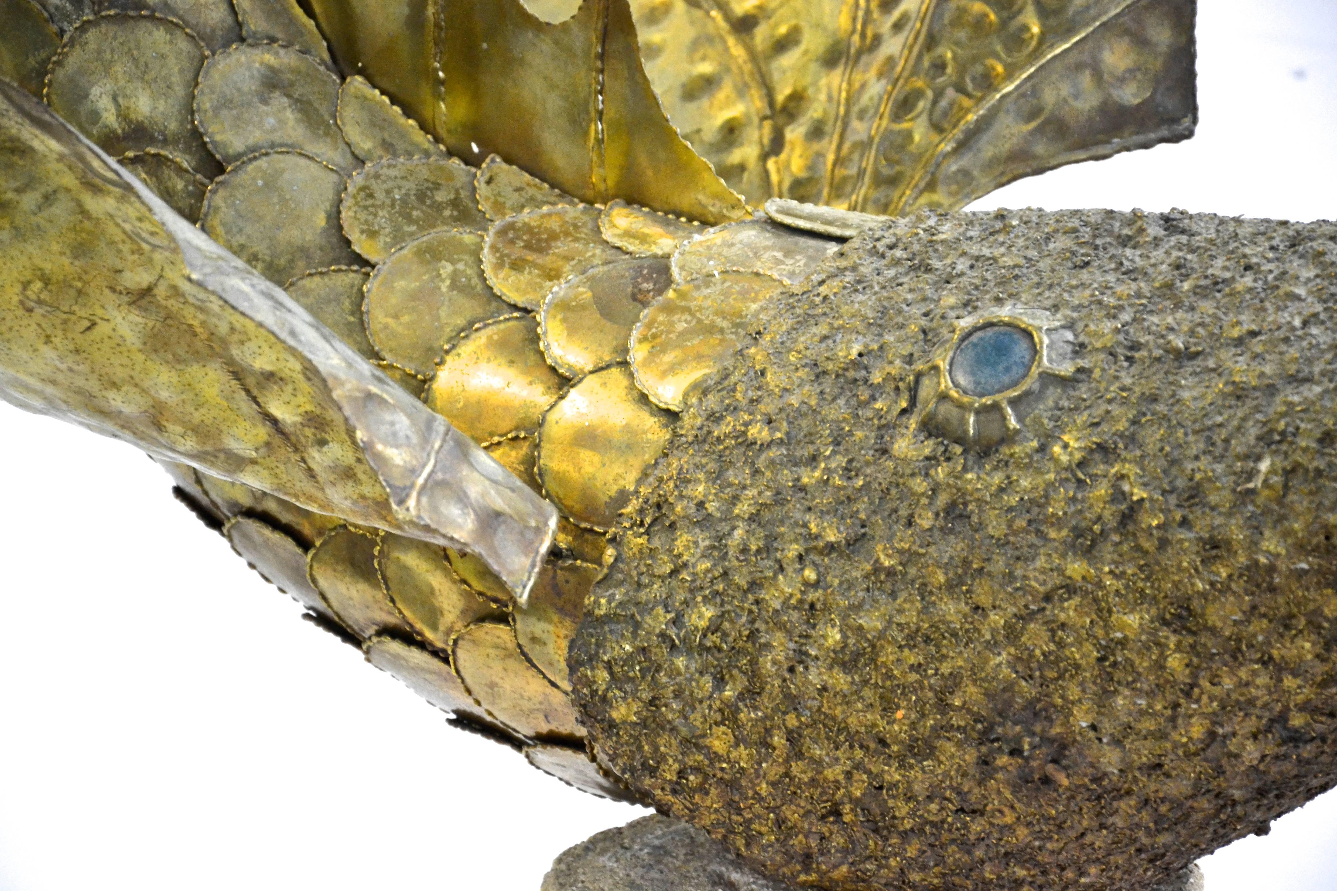 Decorative 1970s Fish Fountain in Brass on Stone Pedestal 2