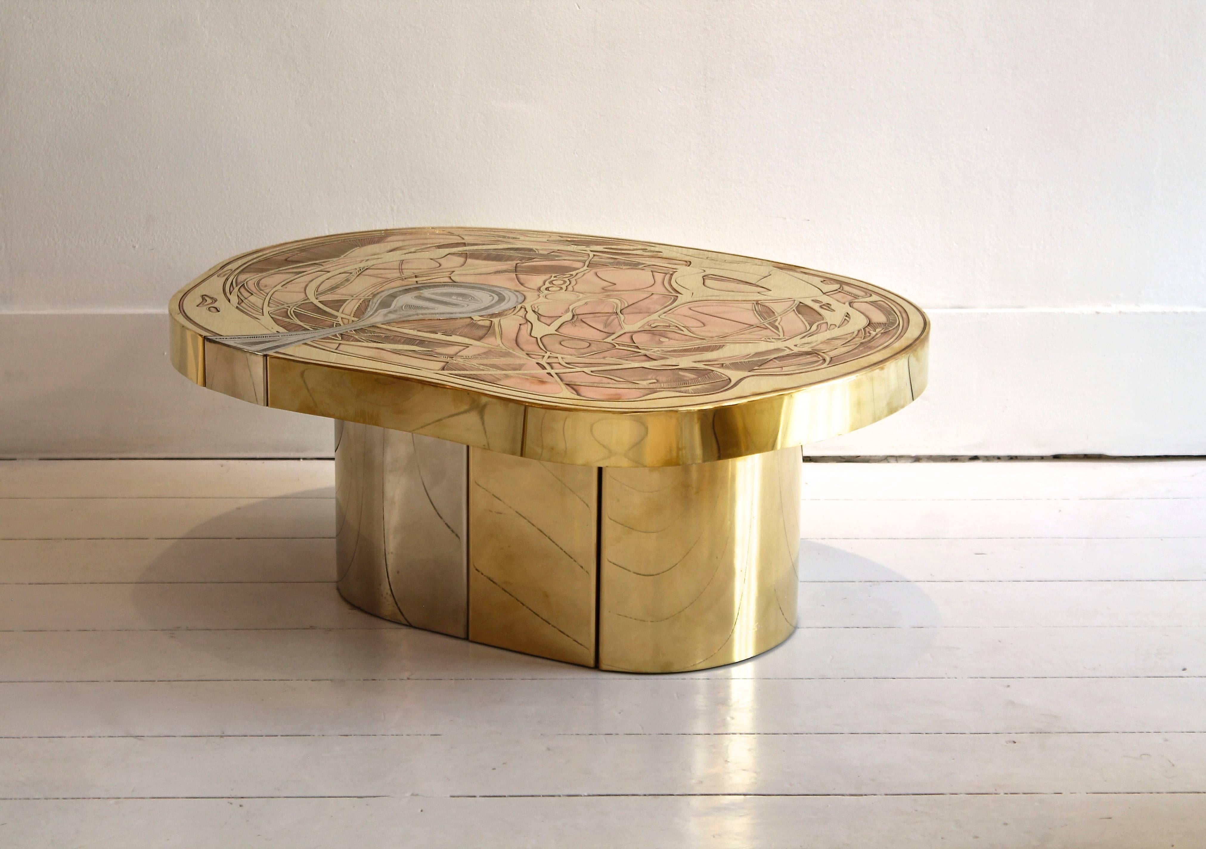 Post-Modern Set of Three Engraved Brass Coffee Tables by Emmanuel Jonckers