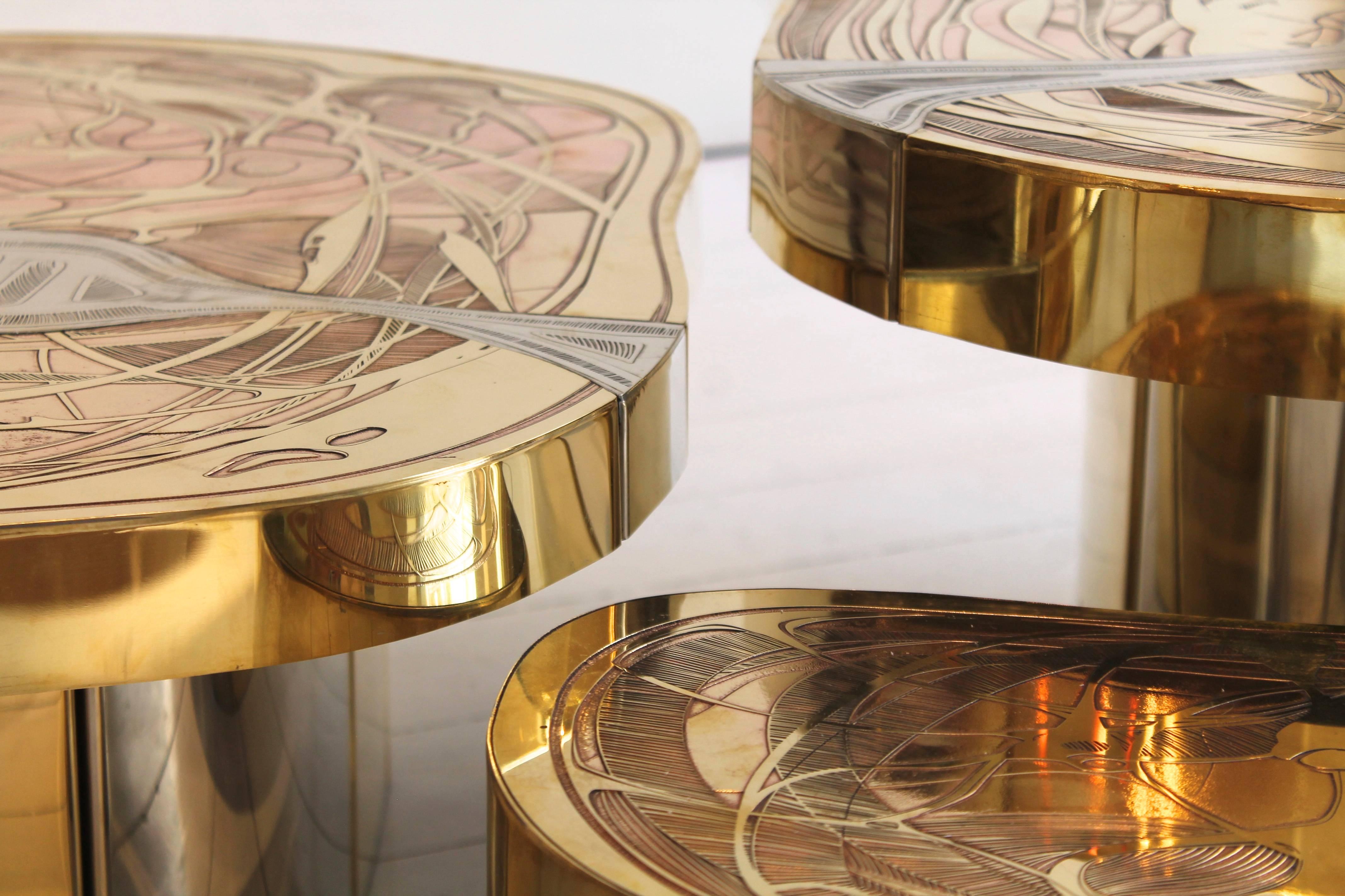 Contemporary Set of Three Engraved Brass Coffee Tables by Emmanuel Jonckers