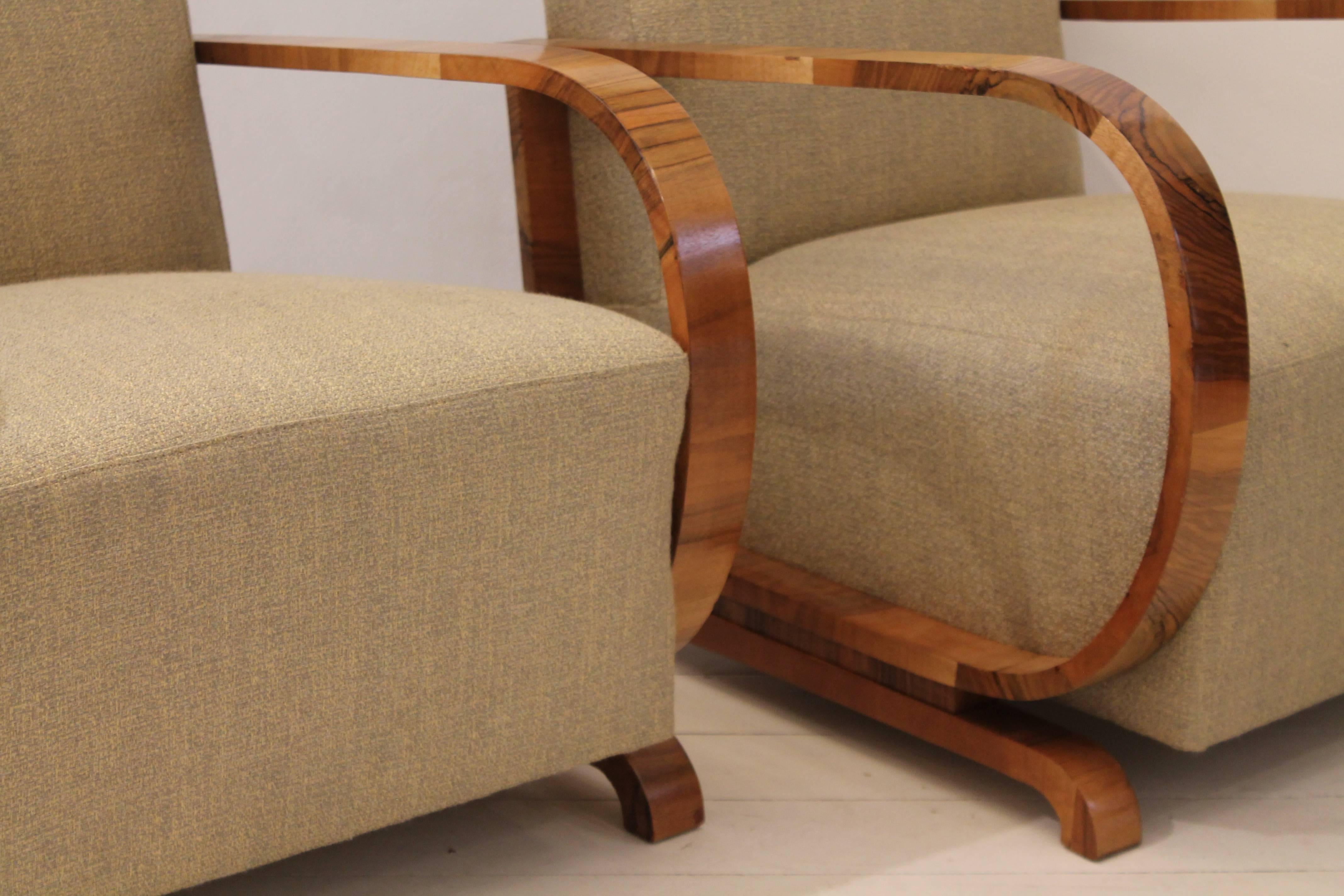 Pair of 1930s Art Deco Club Armchairs in Walnut and Pierre Frey Upholstery 1