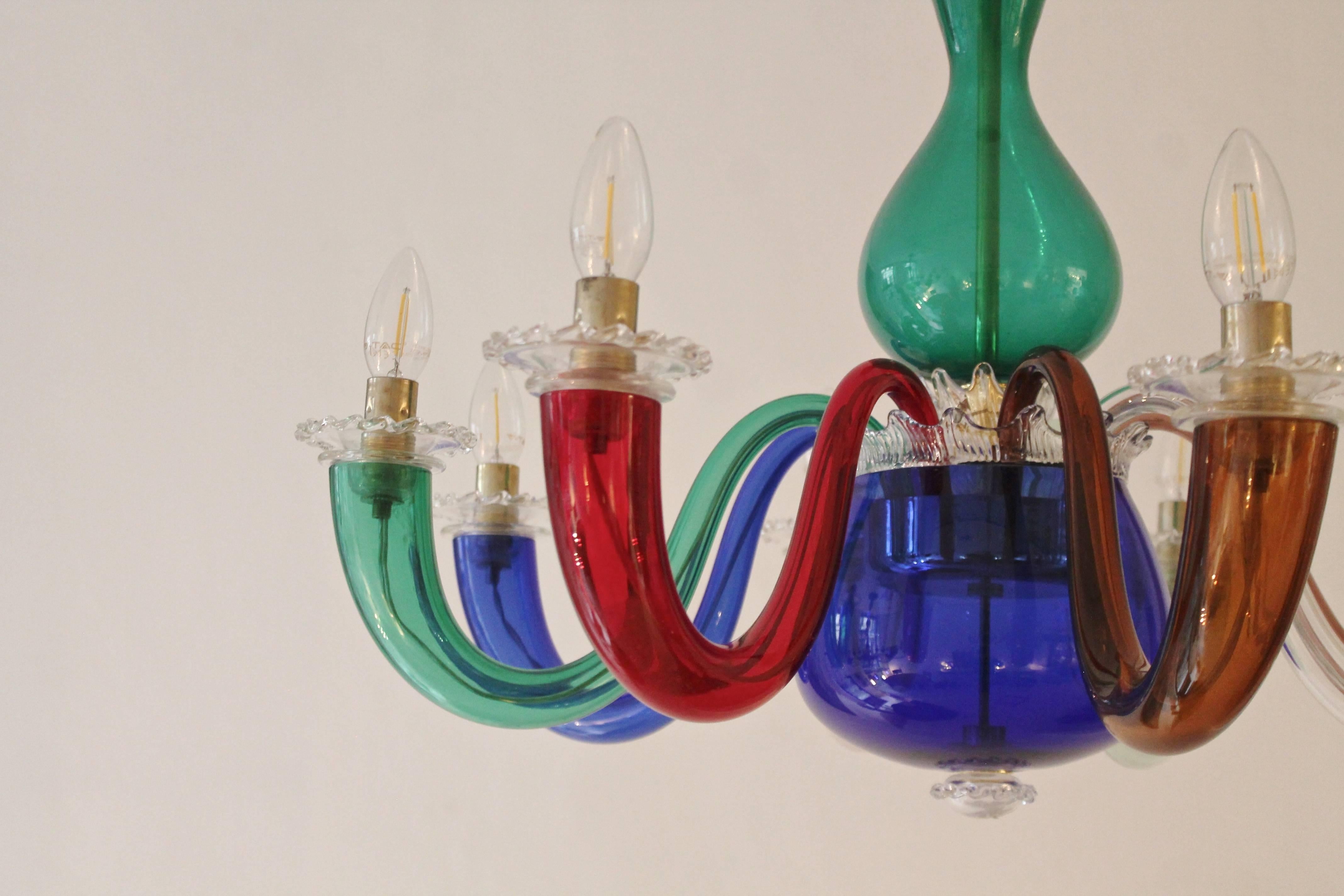 Late 20th Century Pair of Gio Ponti for Venini Murano Chandeliers in Multicolored Glass