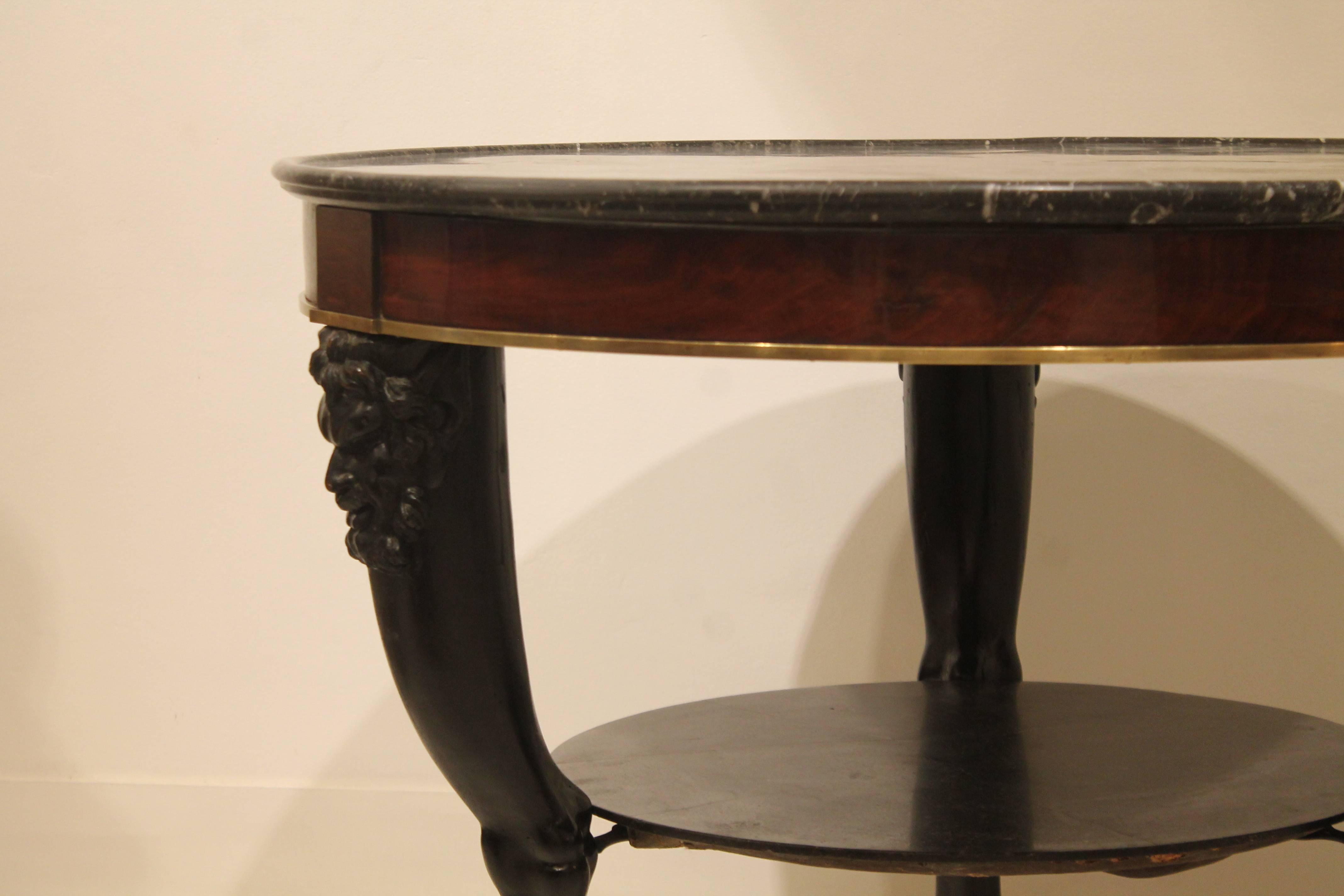 European Carved Fauna Head Empire Tripod Pedestal Table in Mahogany, Marble & Giltbronze