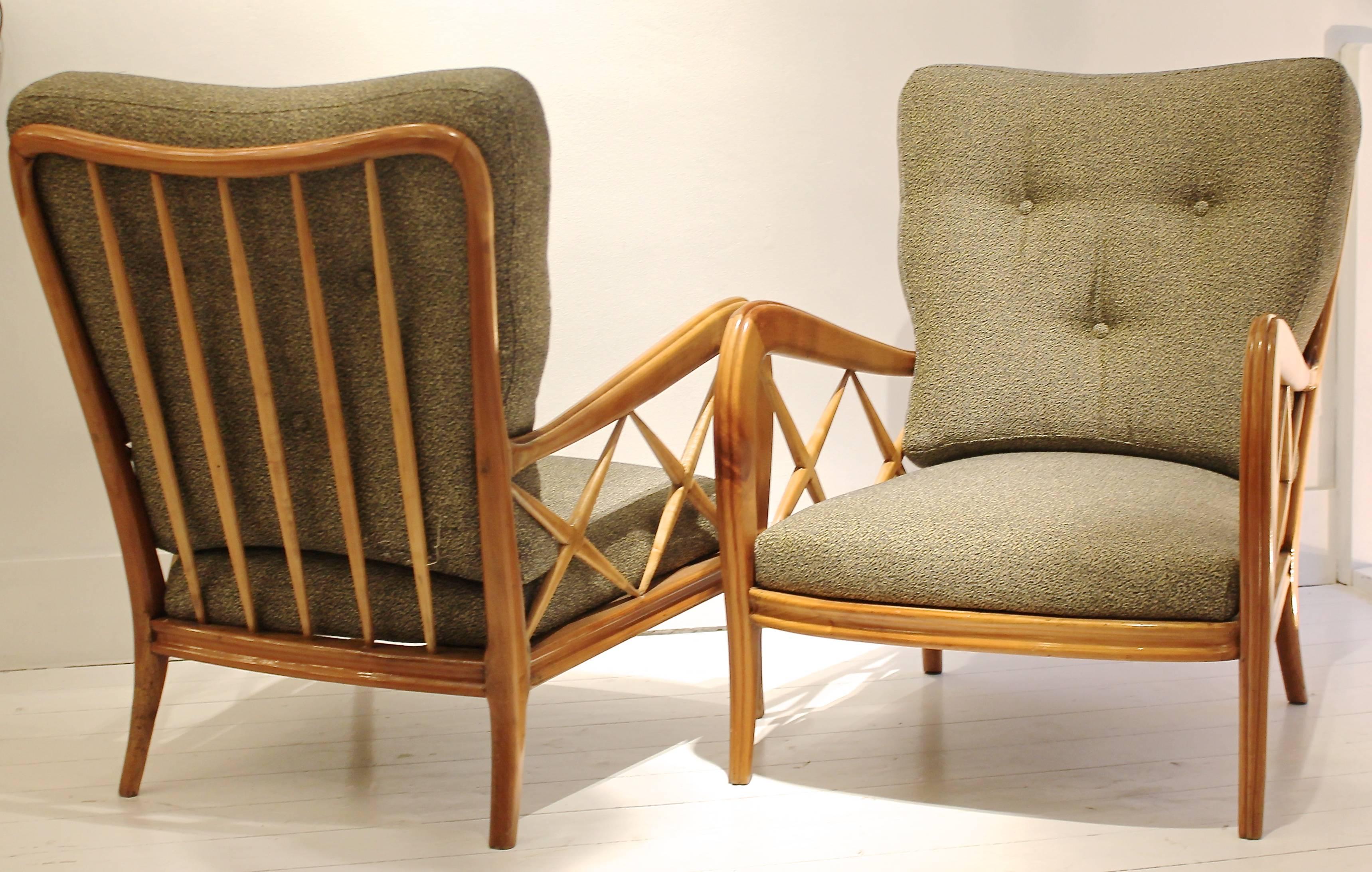 Pair of 1940s Paolo Buffa Cherrywood Armchairs, New Pierre Frey Upholstery In Excellent Condition In Brussels, BE
