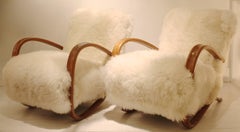 Pair of Midcentury Jindrich Halabala Armchairs in Bentwood and Sheepskin