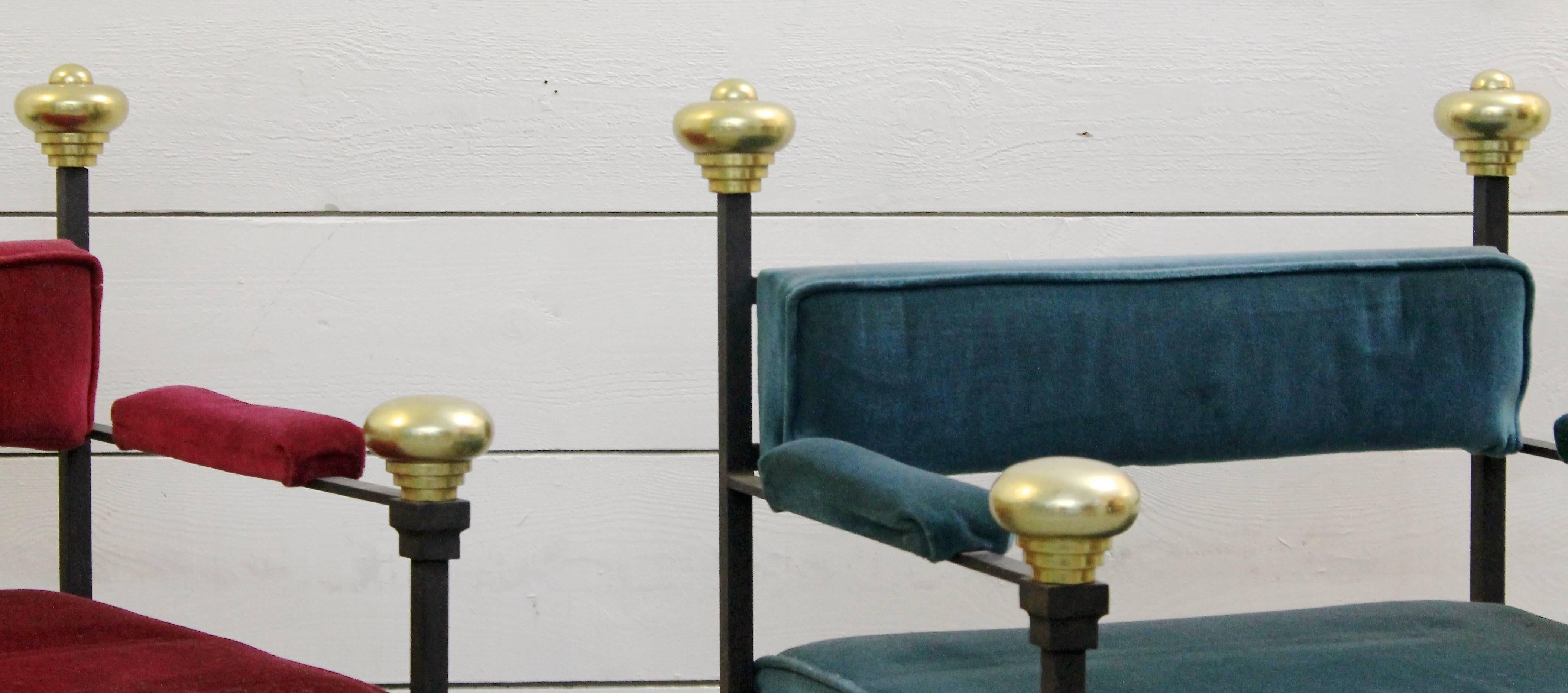 Pair of 1940s wrough iron Art Deco armchairs newly upholstered in velvet. 