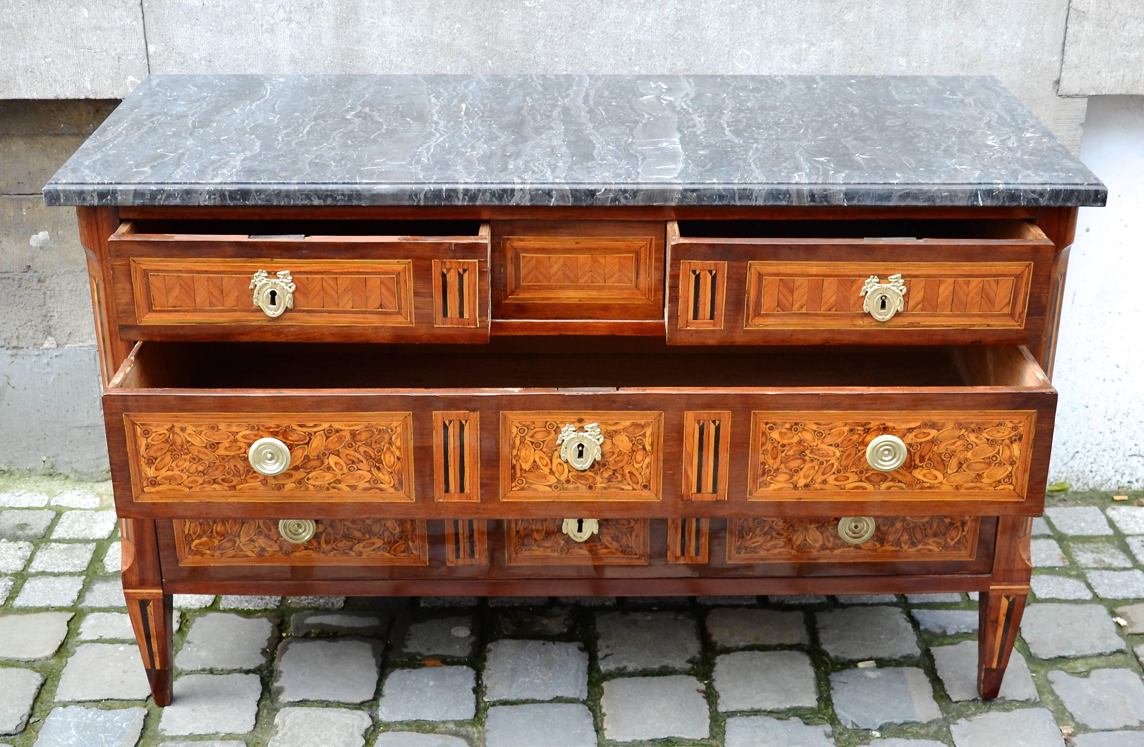18th C. French marquetry chest of drawers - stamped J. Chastel
The marble has been replaced. New photos upcoming.