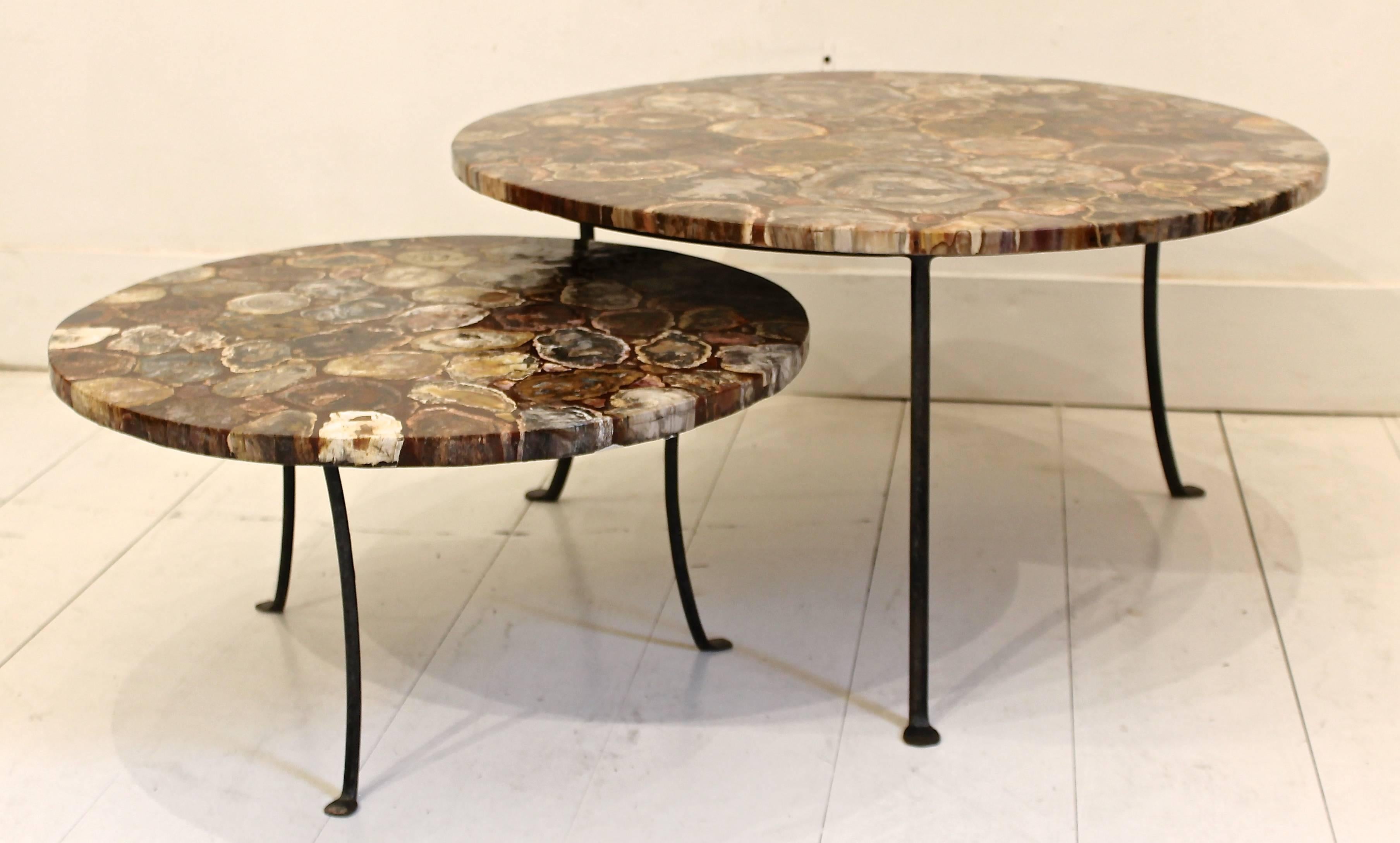 French Set of Four Petrified Wood and Wrought Iron Coffee Tables