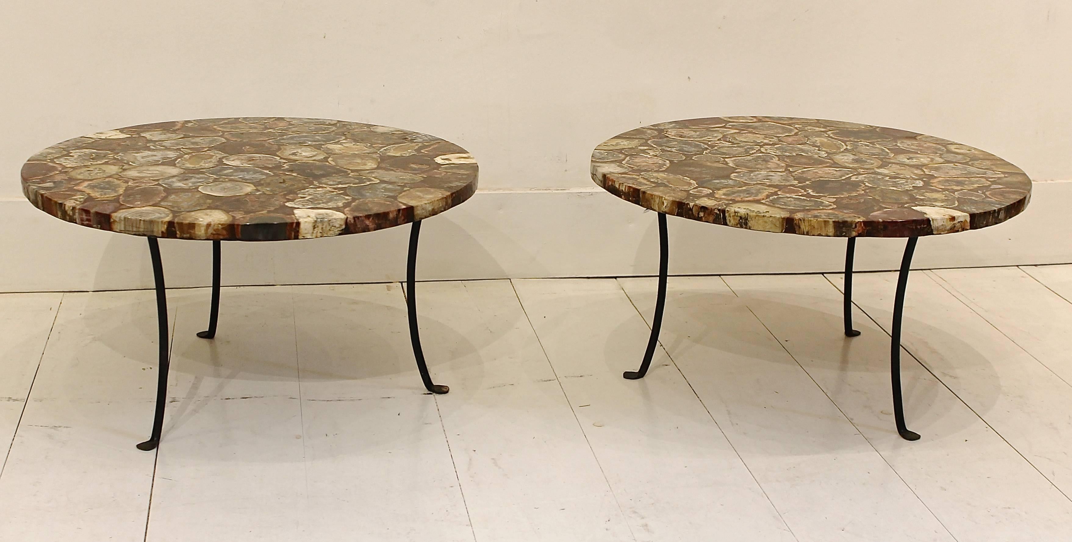 Set of Four Petrified Wood and Wrought Iron Coffee Tables In Good Condition In Brussels, BE