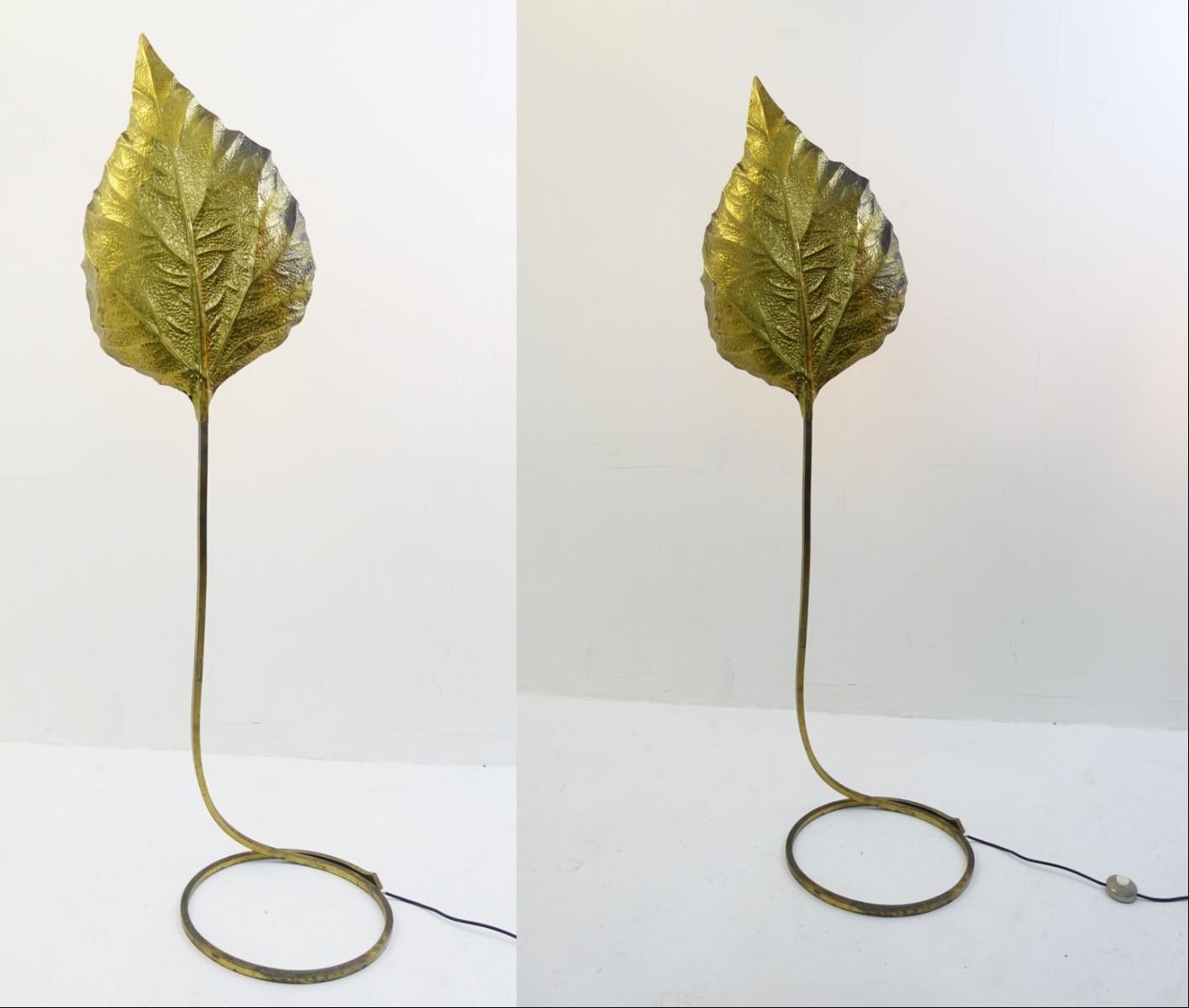 Leaf-shaped floor lamp in brass by Tommaso Barbi, Italy, 1970s, 2 available.

Price is fore one item.