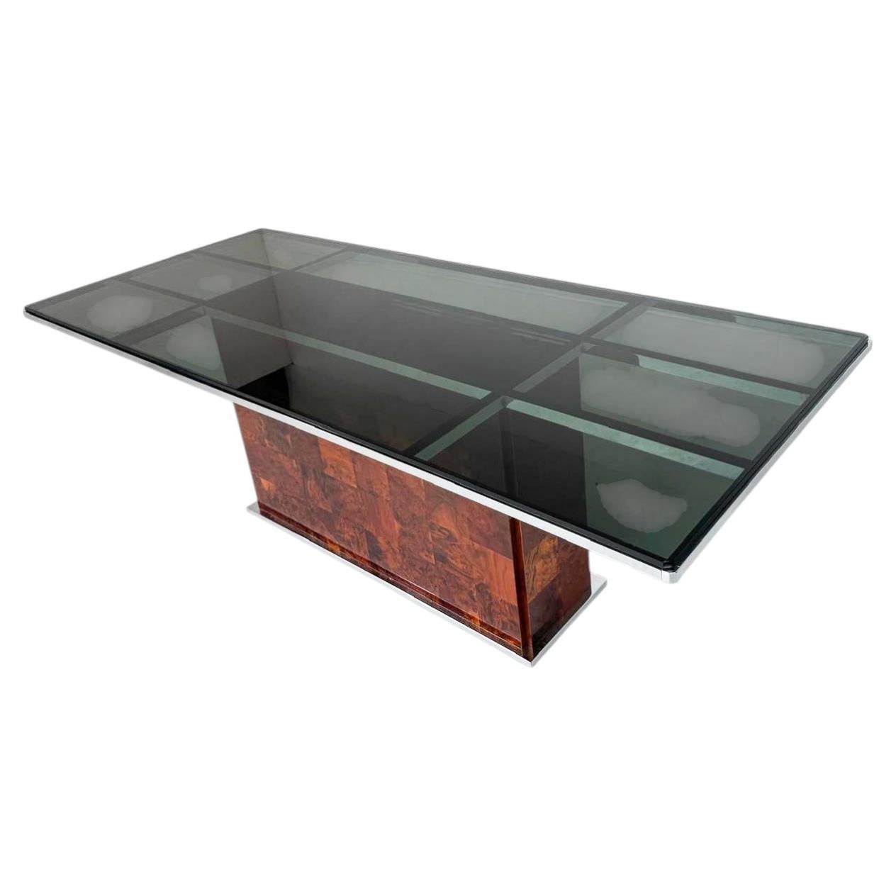 Dining Table by Romeo Rega for Mario Sabot, Burl Wood and Glass, 1970s For Sale